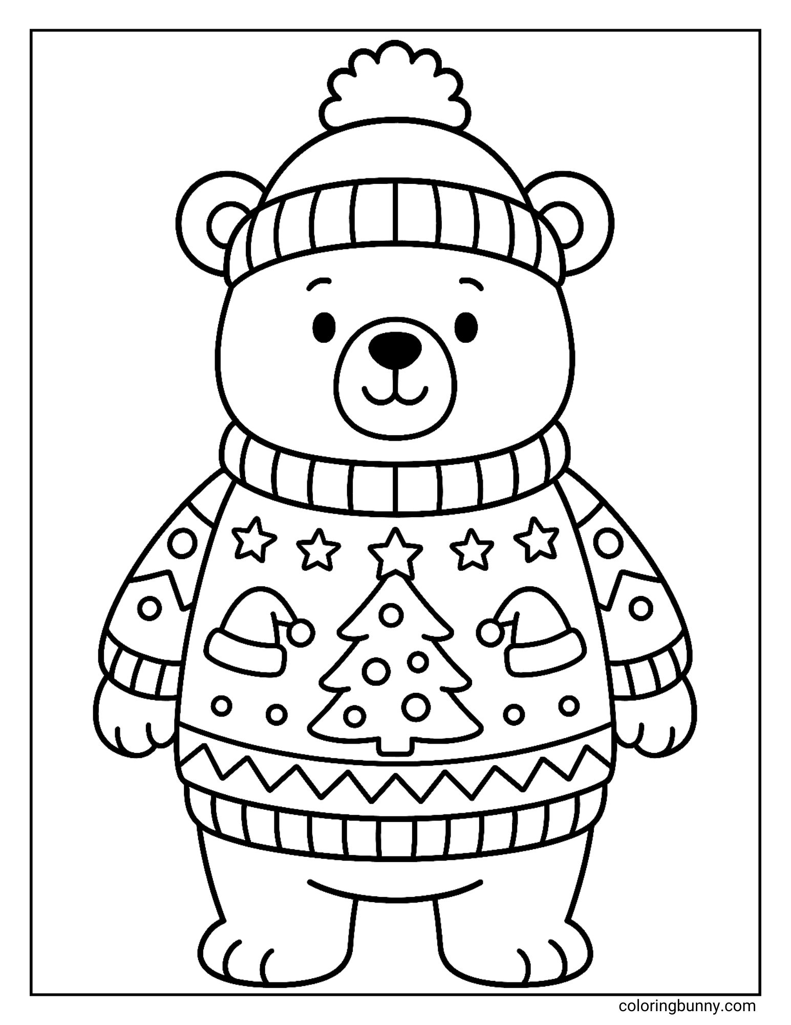 A Christmas coloring sheet featuring a cute cartoon bear standing upright. The bear wears a knitted hat and a festive sweater decorated with a Christmas tree, stars, and Santa hats.