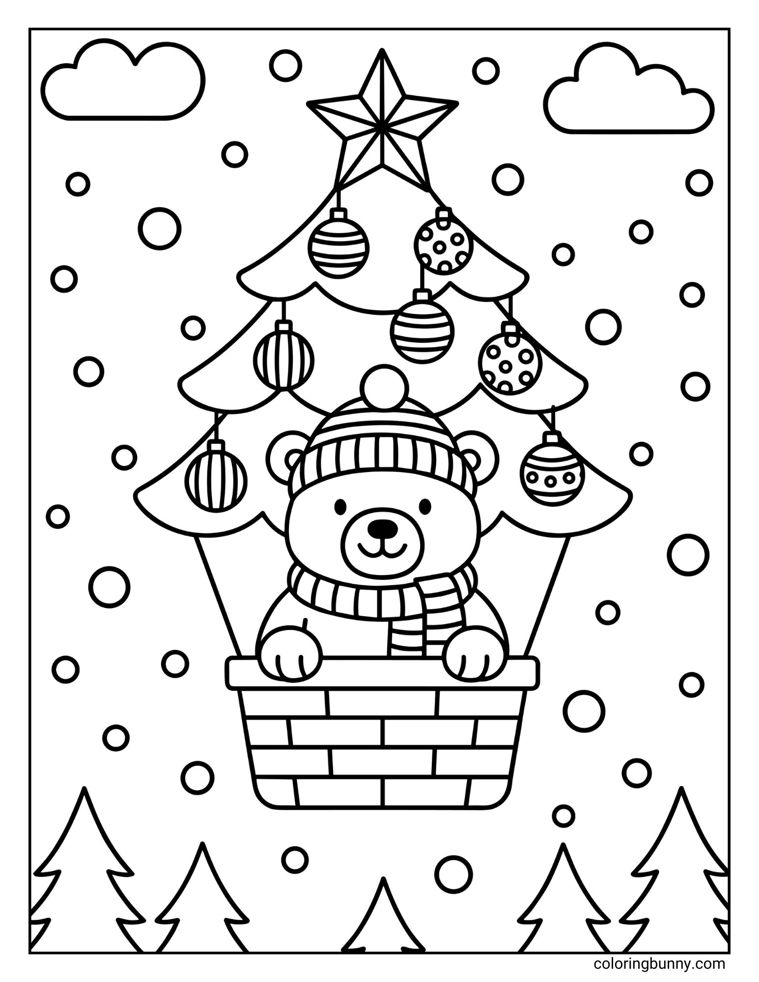 A Christmas tree coloring page illustrating a bear in a basket beneath a tree-shaped hot air balloon. The balloon is decorated with baubles and a star, drifting over a snowy forest landscape.
