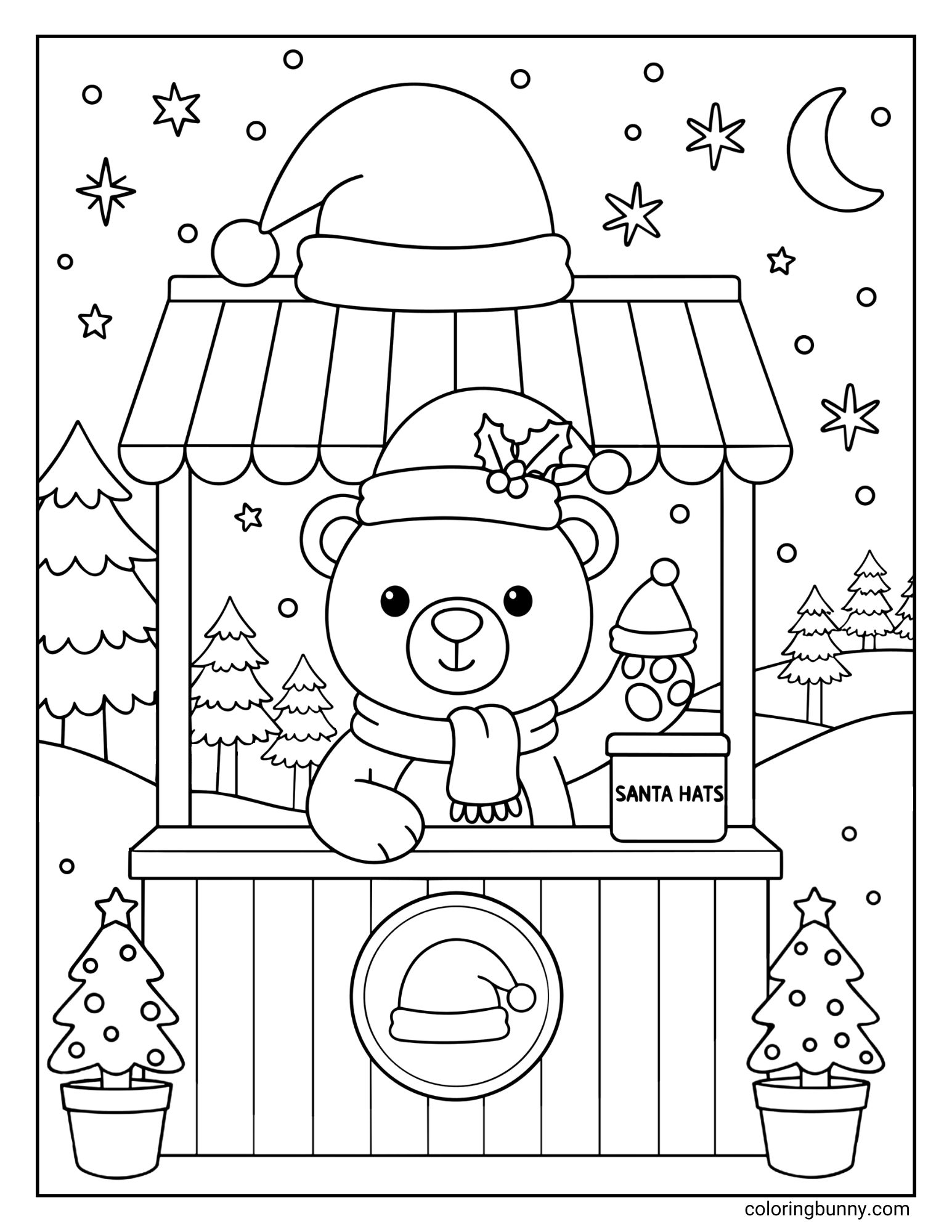 A black and white coloring page featuring a cute bear wearing a Santa hat and scarf, running a stall. The stall is labeled "SANTA HATS" and is set in a snowy, nighttime forest with stars and a crescent moon.