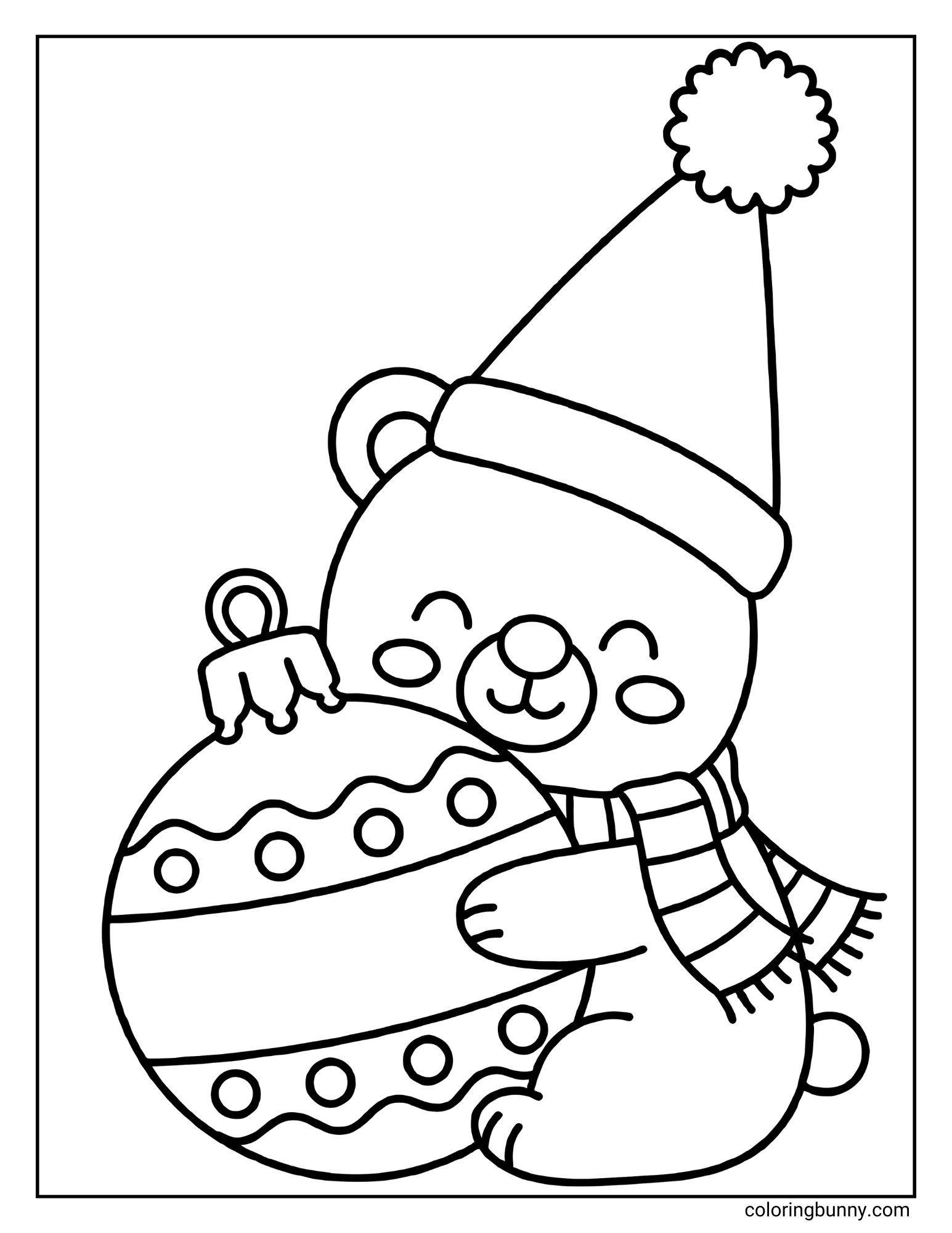 A Christmas coloring sheet depicting a happy cartoon bear wearing a party hat and scarf. The bear is giving a big hug to a large Christmas bauble decorated with wavy lines and circles.