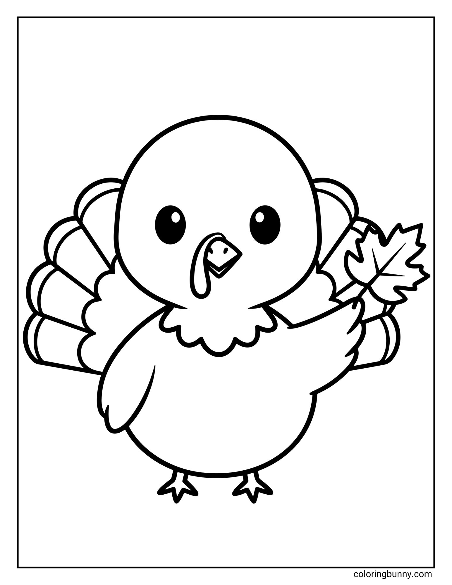 A turkey coloring page featuring a simple, cute chibi-style turkey. The turkey is standing with its tail fanned out and is holding up a large autumn leaf in one wing.