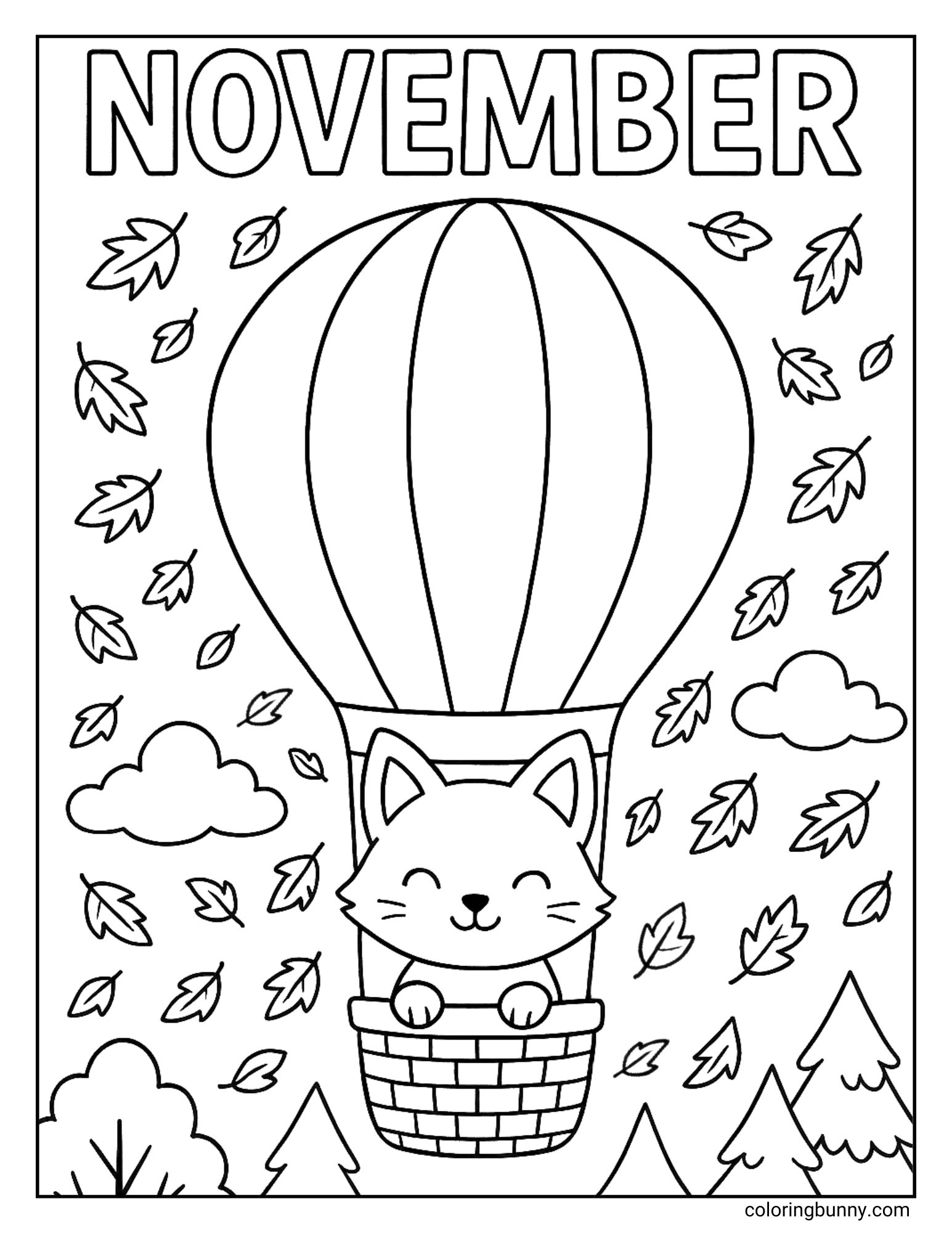 A black and white coloring page with the word "NOVEMBER" at the top. It features a cute fox smiling in the basket of a hot air balloon, floating over treetops as autumn leaves fall.
