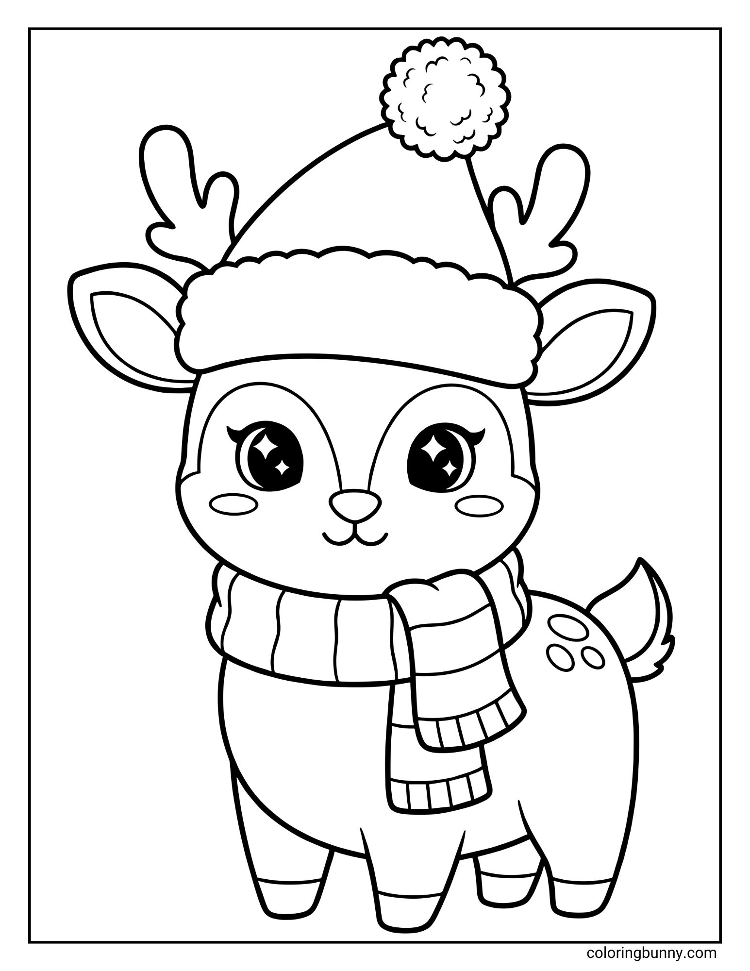 A printable coloring sheet featuring a full-body cartoon reindeer with large, shining eyes. The animal is standing and wearing a festive Santa hat and a cozy striped scarf.