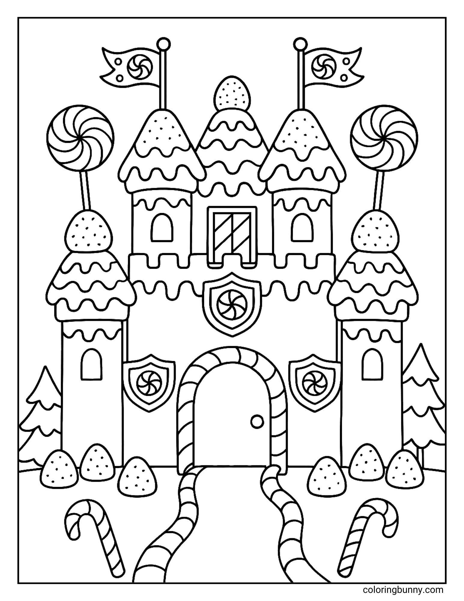 A printable gingerbread house coloring sheet depicting a large gingerbread castle featuring three towers topped with flags. The structure includes giant lollipops, striped candy cane columns, and a path lined with sweets leading to the gate.