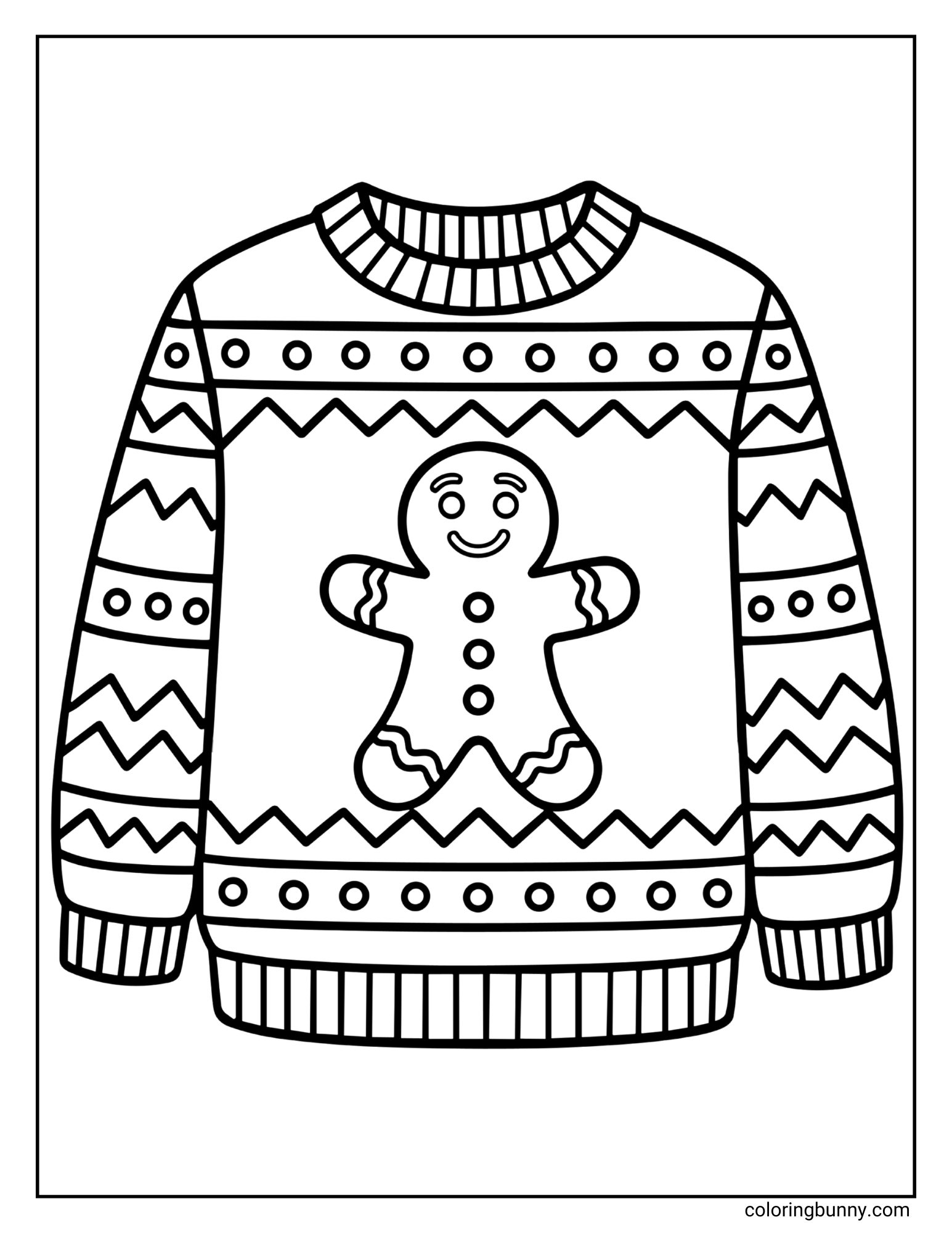 A coloring sheet featuring a knitted Christmas jumper with a large gingerbread man in the center. The sweater is decorated with horizontal rows of zig-zag lines and small circles.