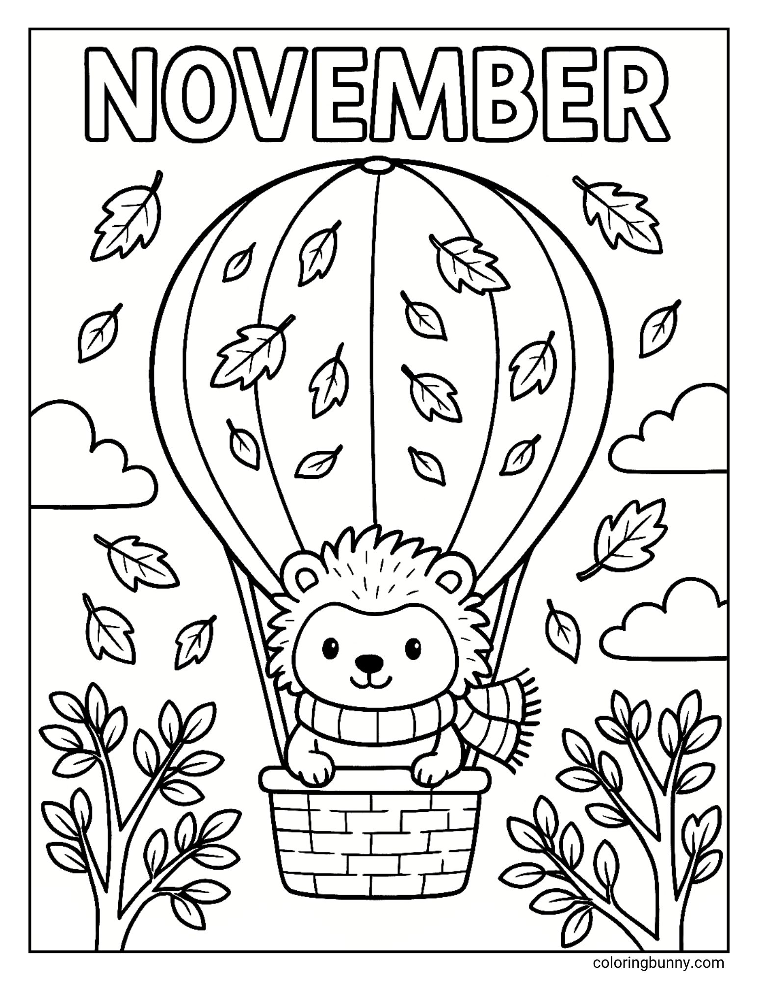 A black and white coloring page with the word "NOVEMBER" at the top. It features a cute hedgehog wearing a scarf, riding in the basket of a hot air balloon. The balloon is decorated with leaves, and the background is filled with clouds and falling autumn leaves.