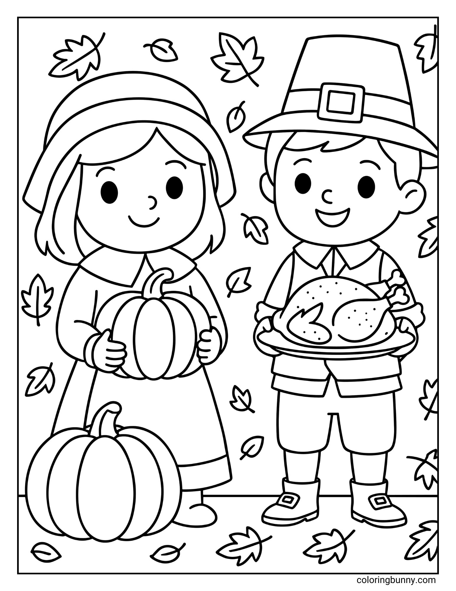 A black and white coloring page featuring two children in pilgrim costumes. The boy on the right holds a platter with a roast turkey, and the girl on the left holds a pumpkin. Another pumpkin is at her feet, and autumn leaves are falling in the background.