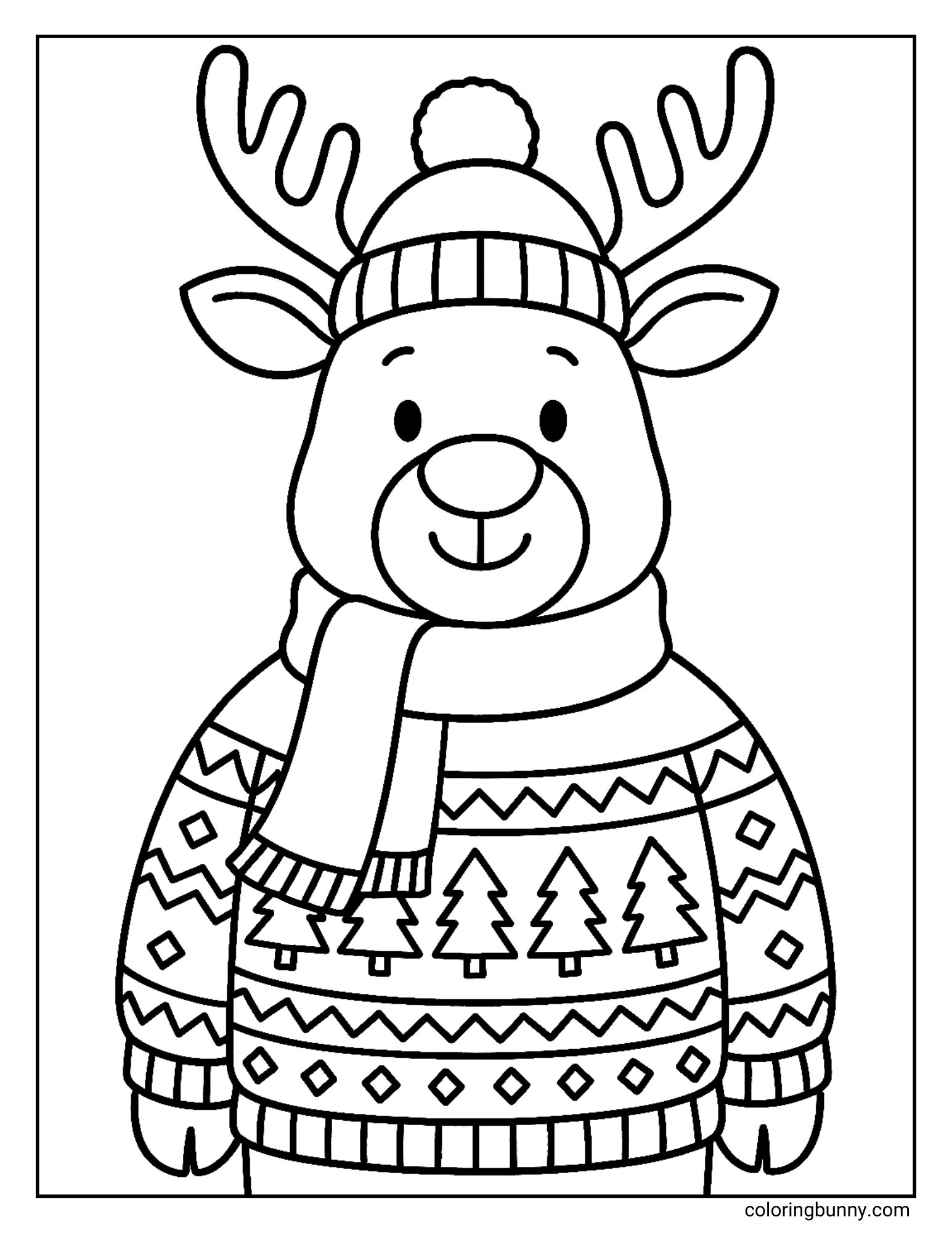 A coloring page featuring a close-up of a smiling cartoon reindeer wearing a knit hat and scarf. The reindeer is dressed in a patterned winter sweater decorated with small pine trees.