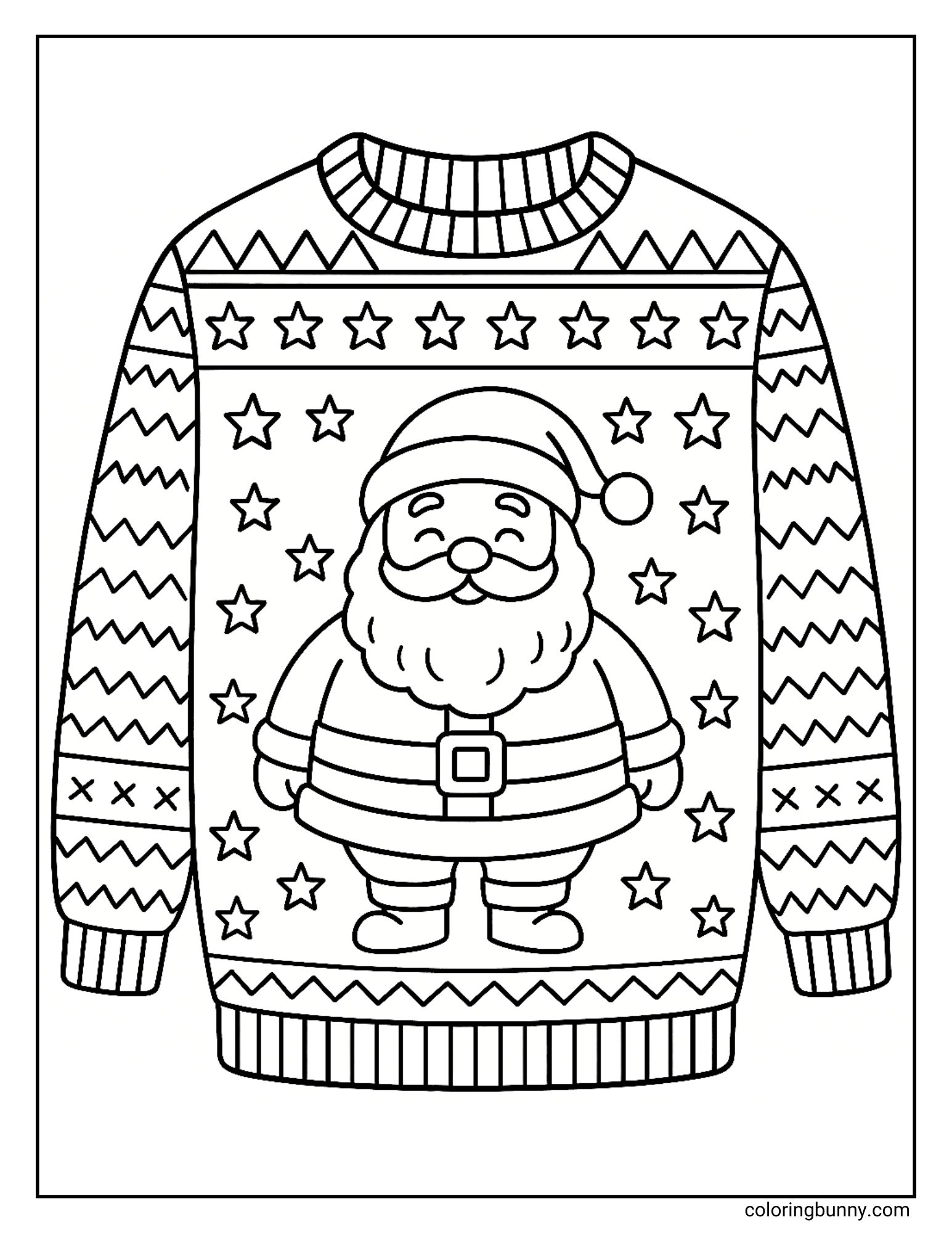 A coloring sheet featuring an knitted Christmas jumper design. The center displays a standing, smiling Santa Claus surrounded by stars, while the sleeves are decorated with zigzag lines.