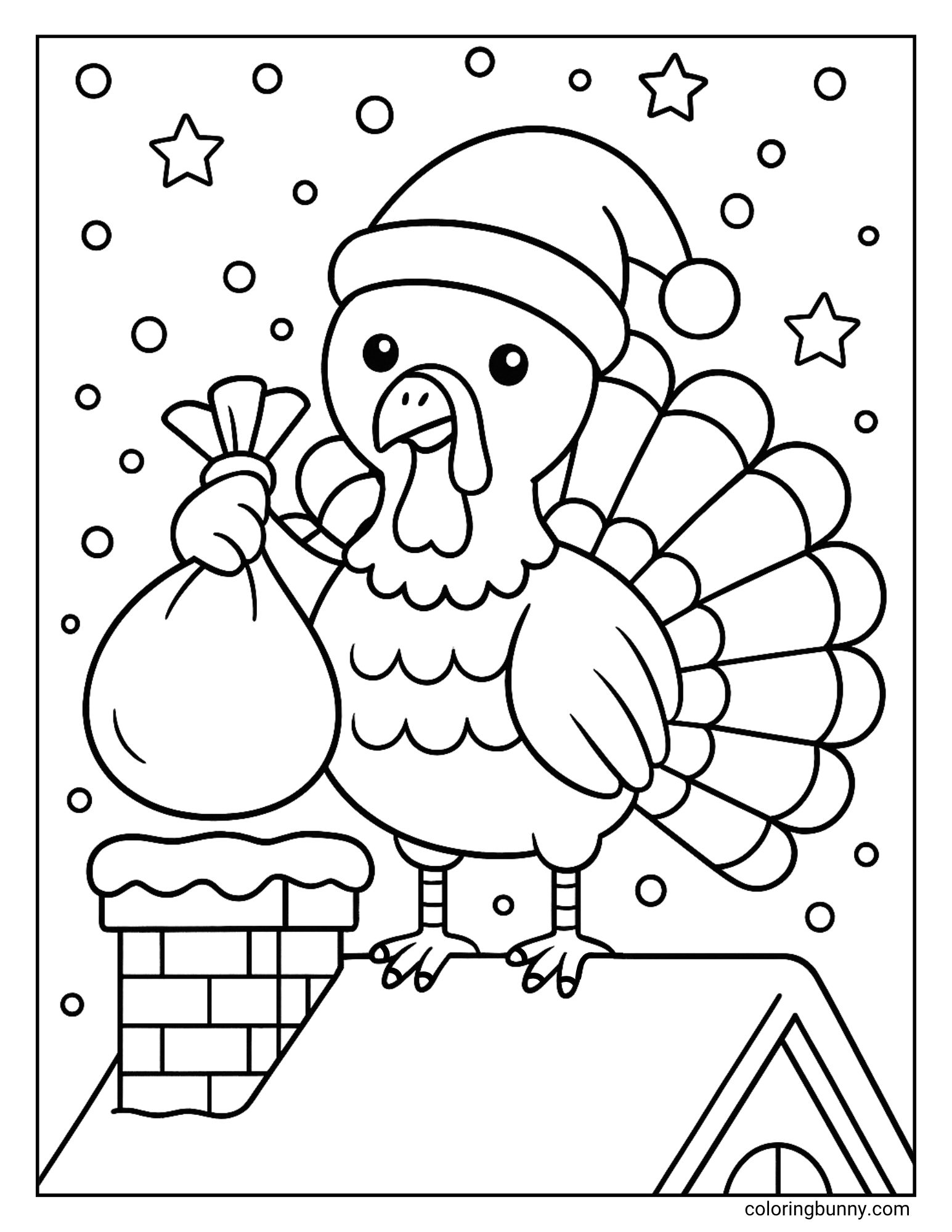 A black and white Christmas turkey coloring page. A turkey, wearing a Santa hat, stands on a snowy rooftop next to a chimney. The turkey is holding a sack, and the background is a night sky with stars and snow.