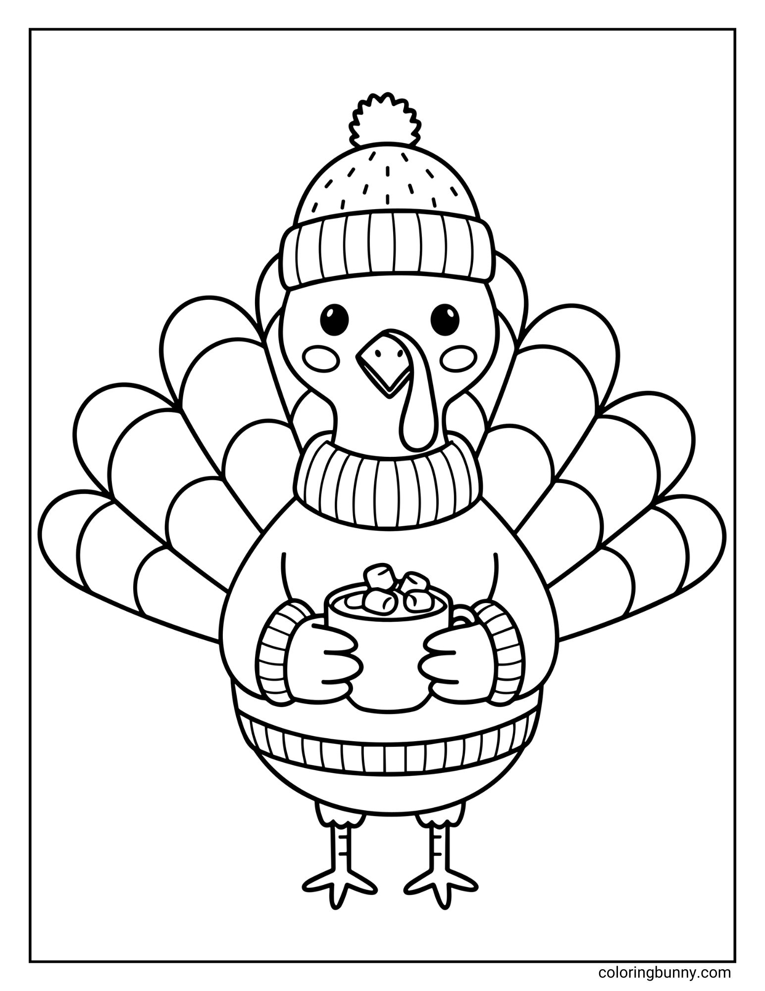 A black and white coloring page featuring a cute turkey. The turkey is wearing a knit hat with a pom-pom, a sweater, and is holding a mug of hot cocoa with marshmallows.