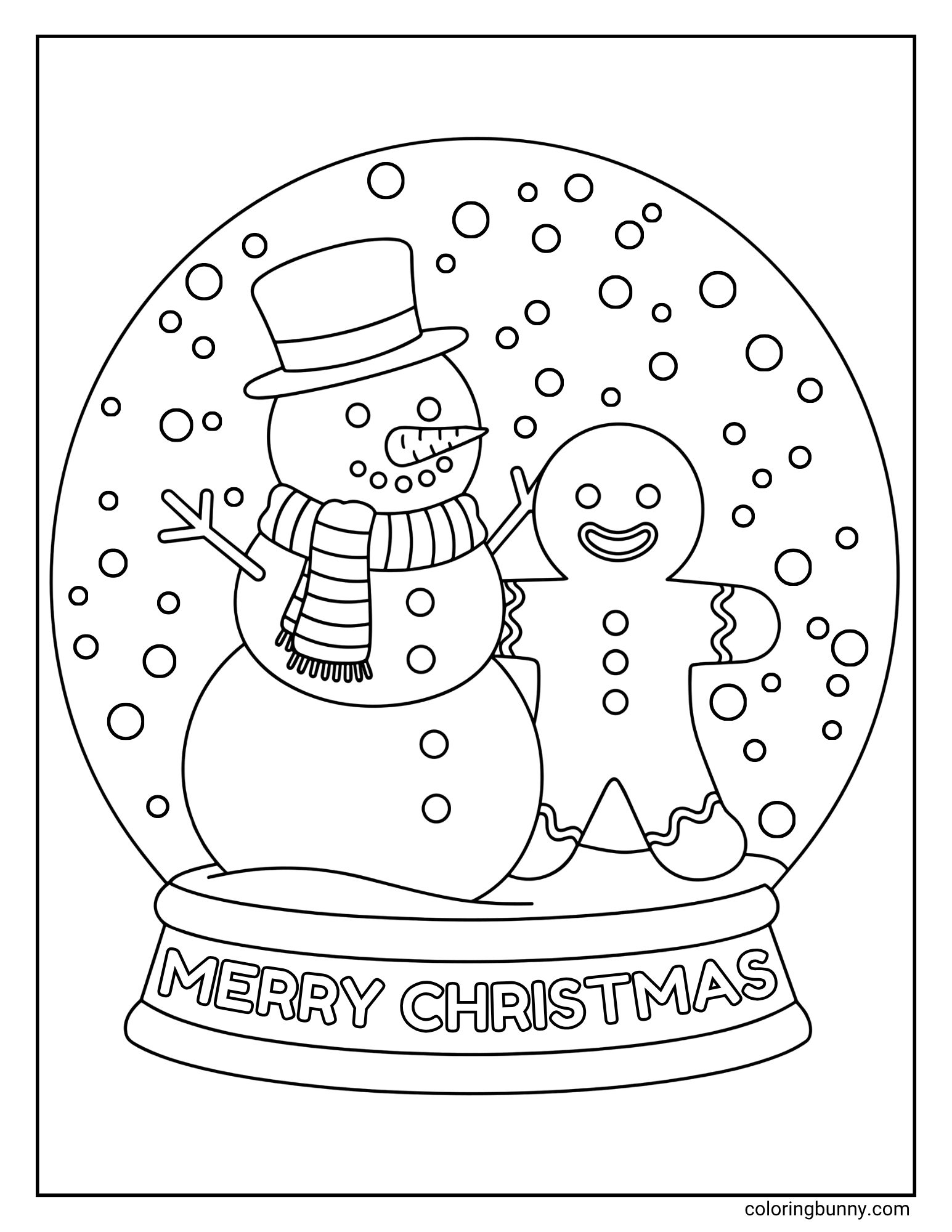 A coloring sheet featuring a snow globe containing a snowman wearing a top hat and scarf next to a smiling gingerbread man. The base of the globe reads "MERRY CHRISTMAS."