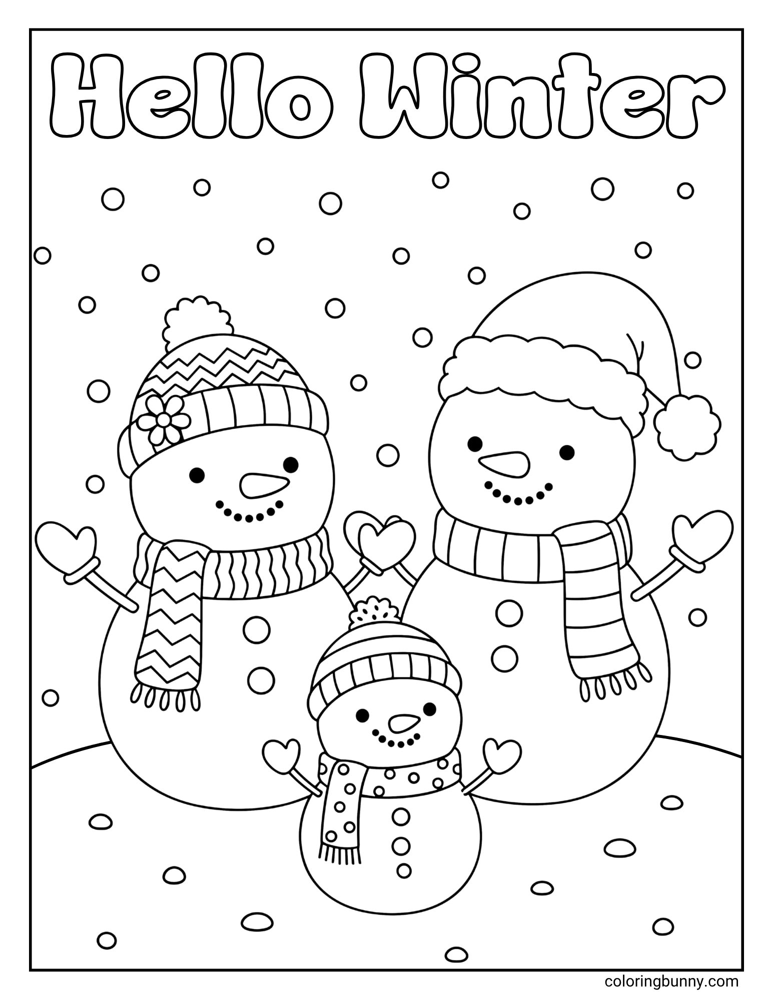 A black and white winter coloring page with the text "Hello Winter" at the top. It features a snowman family of three, all wearing different knit hats and scarves, standing together in a snowy landscape.