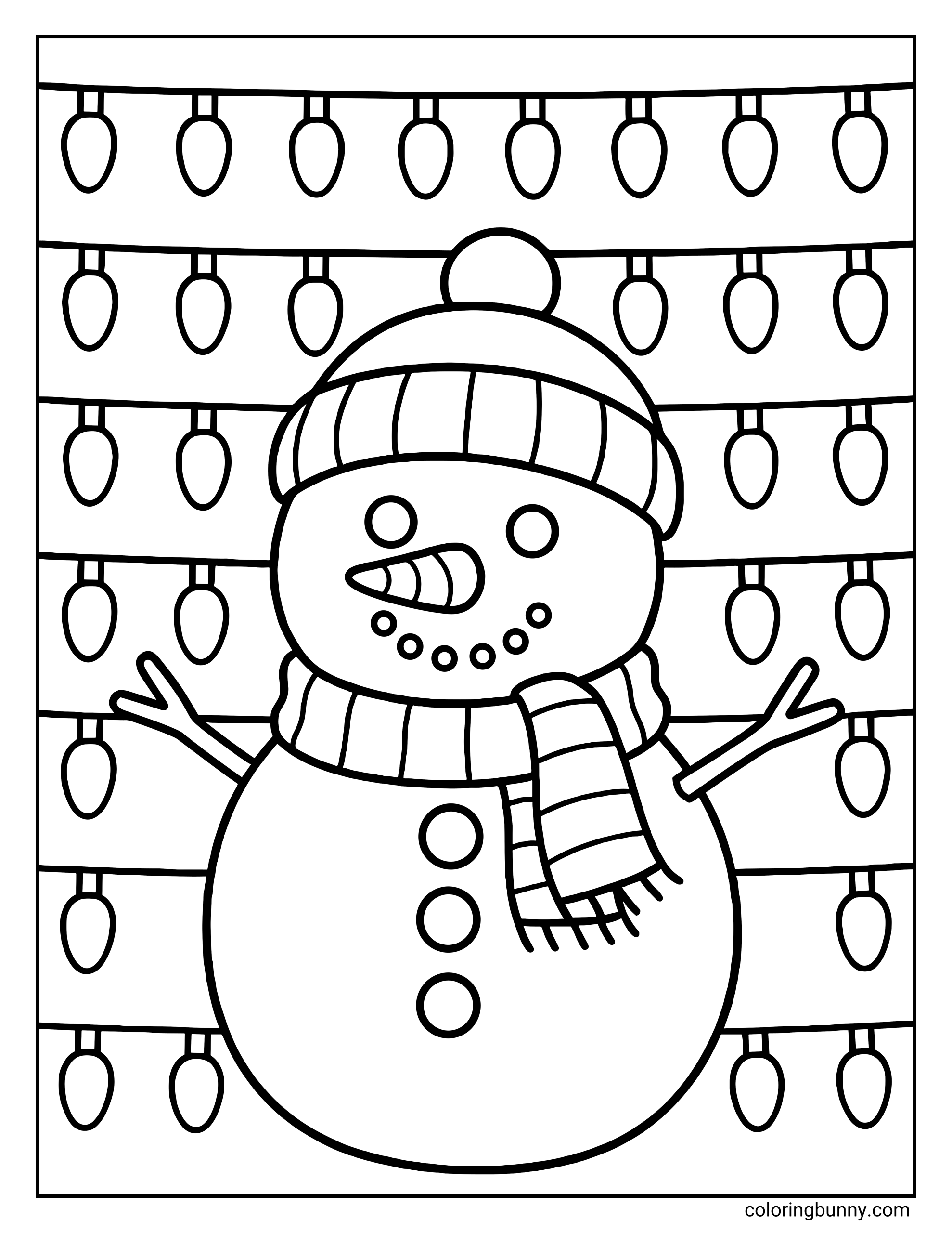 A snowman coloring sheet featuring a smiling snowman wearing a winter hat and scarf. The character stands in the center, with horizontal rows of large hanging Christmas light bulbs filling the background.