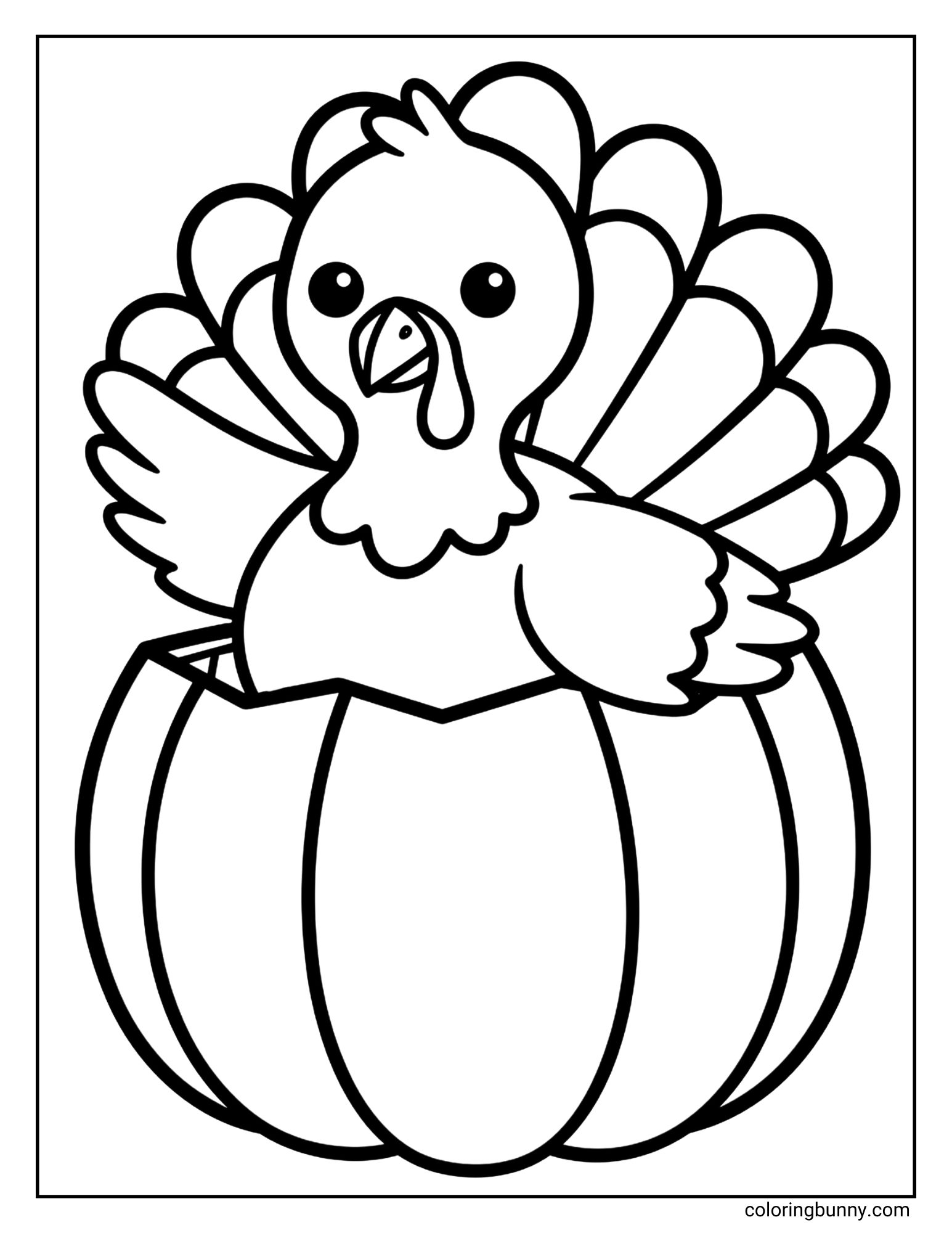 A black and white coloring page featuring a cute turkey. The turkey is popping out of a large pumpkin that is cracked open like an egg.