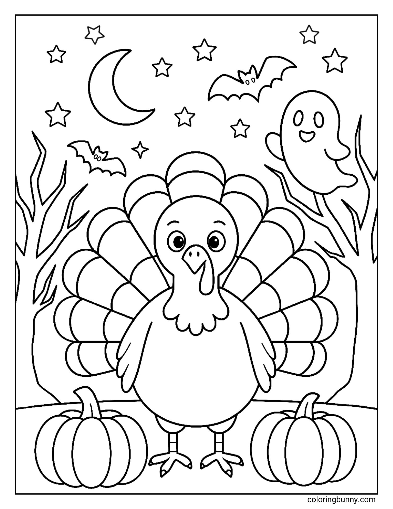 A black and white turkey Halloween coloring page. A turkey is standing in the center, flanked by two pumpkins. The background is a spooky Halloween scene with bare trees, a ghost, bats, a crescent moon, and stars.