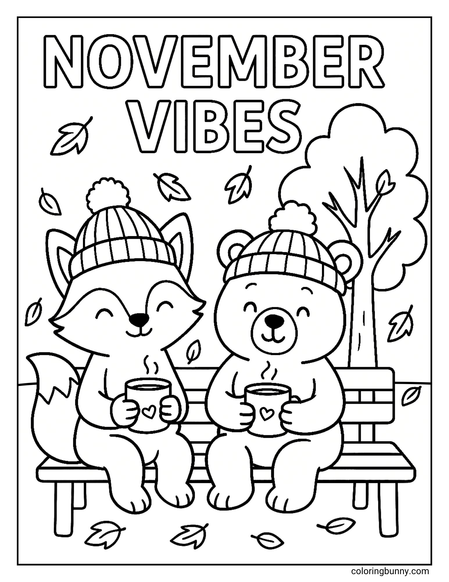 A black and white coloring page with the text "NOVEMBER VIBES" at the top. It features a fox and a bear, both wearing knit hats, sitting on a park bench and holding mugs of hot cocoa. The background shows a tree and falling leaves.