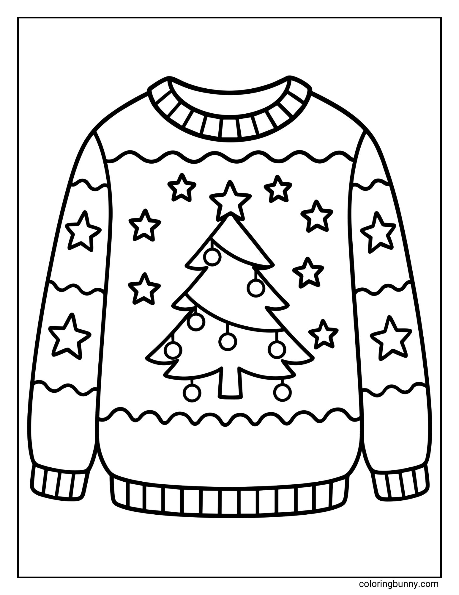 A coloring page featuring a knitted jumper with a decorated Christmas tree in the center. The tree is surrounded by many five-pointed stars, and the shirt has wavy lines at the top and bottom.