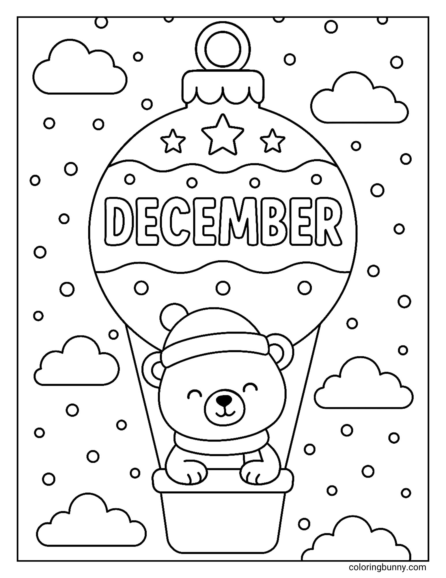 A black and white December coloring page. A cute bear wearing a hat and scarf is riding in a hot air balloon. The balloon is shaped like a Christmas ornament with the word "DECEMBER" on it, and the background is a snowy sky.