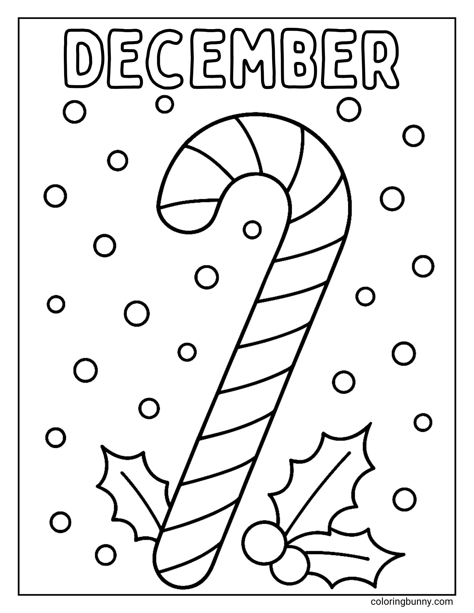 A black and white coloring page. The word "DECEMBER" is at the top. The image features a large, striped candy cane in the center. Two bunches of holly are at the bottom, and the background is filled with falling snow.