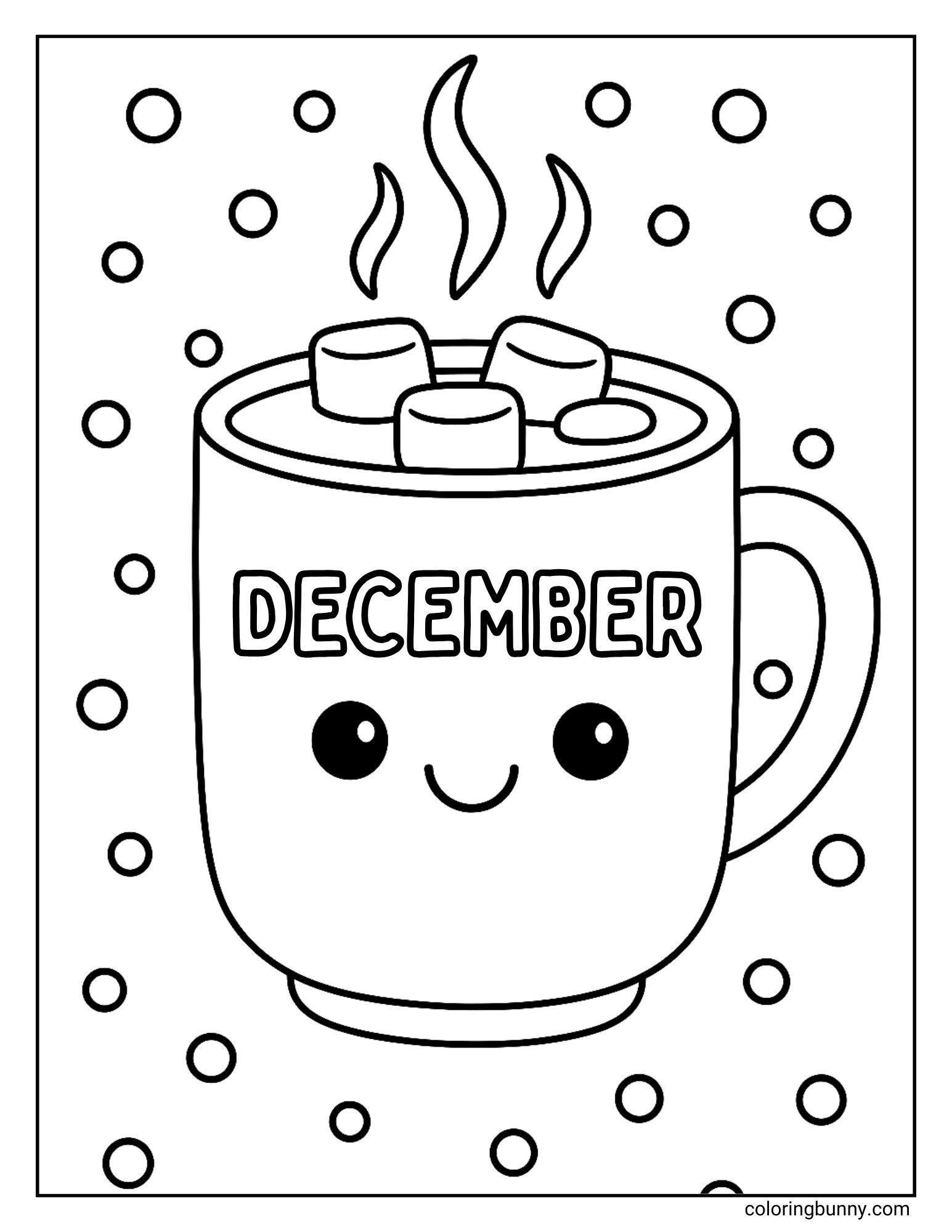 A black and white coloring page. It features a cute, smiling mug with "DECEMBER" written on it, filled with steaming hot cocoa and marshmallows. The background is filled with falling snow.
