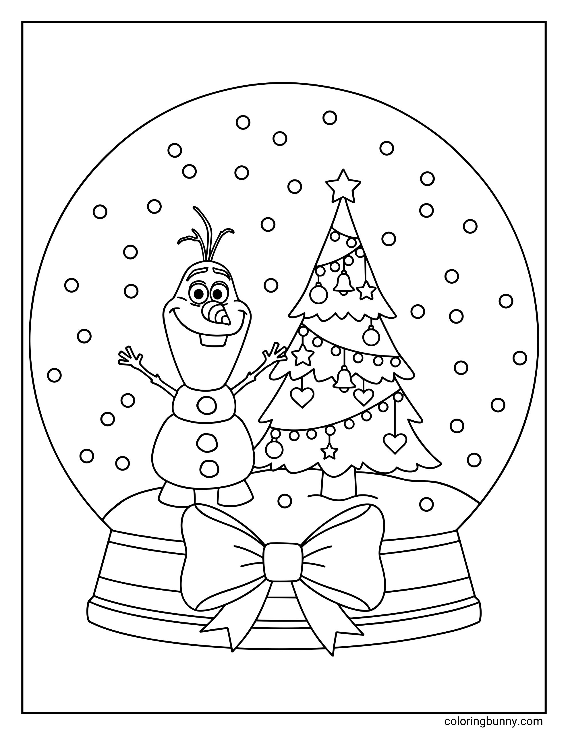 A Frozen coloring page of Olaf happily standing inside a large snow globe beside a decorated Christmas tree. Snowflakes and dots float around him, and the base of the globe features a big bow.