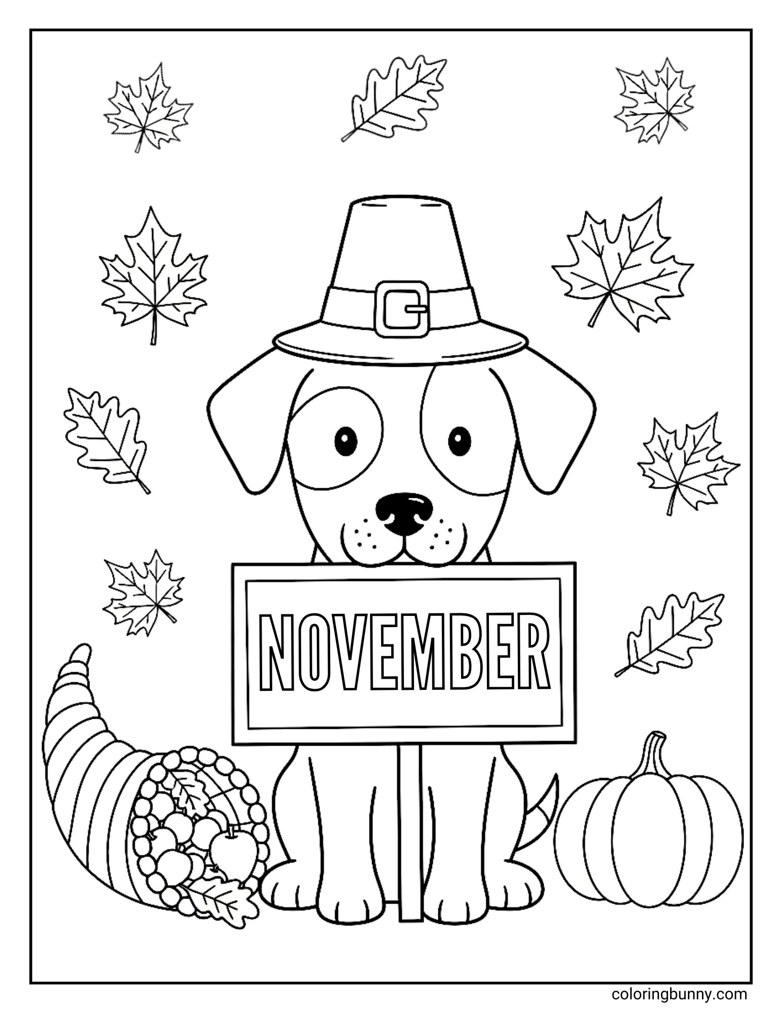 A black and white coloring page. A cute dog is sitting, wearing a pilgrim hat, and holding a sign that says "NOVEMBER". A cornucopia and a pumpkin are on the ground next to the dog, and leaves are falling in the background.
