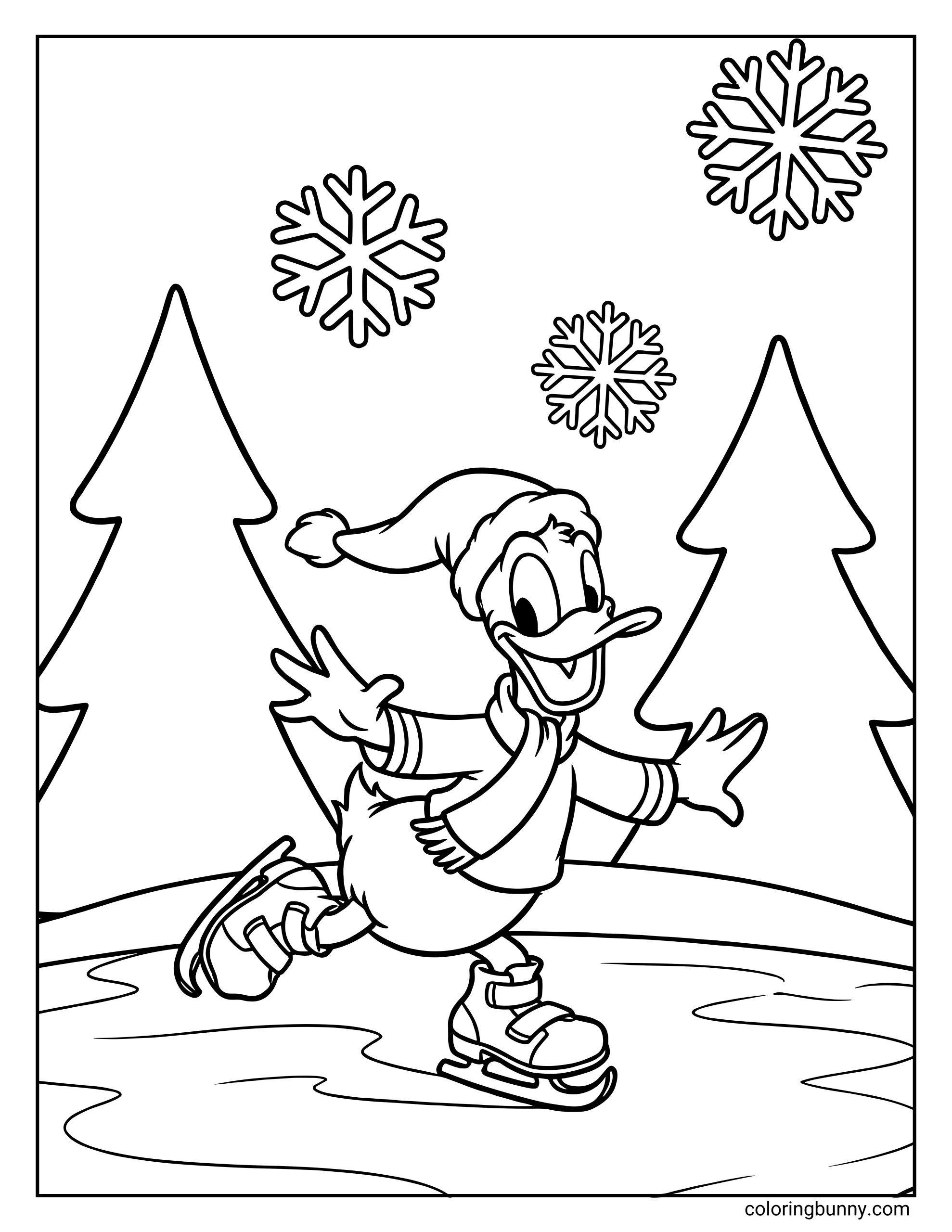 A Disney Christmas coloring page of a cheerful duck skating on a frozen pond while wearing a Santa hat, scarf, and winter clothes. Snowflakes fall above him and pine trees frame the background, creating a festive winter scene.