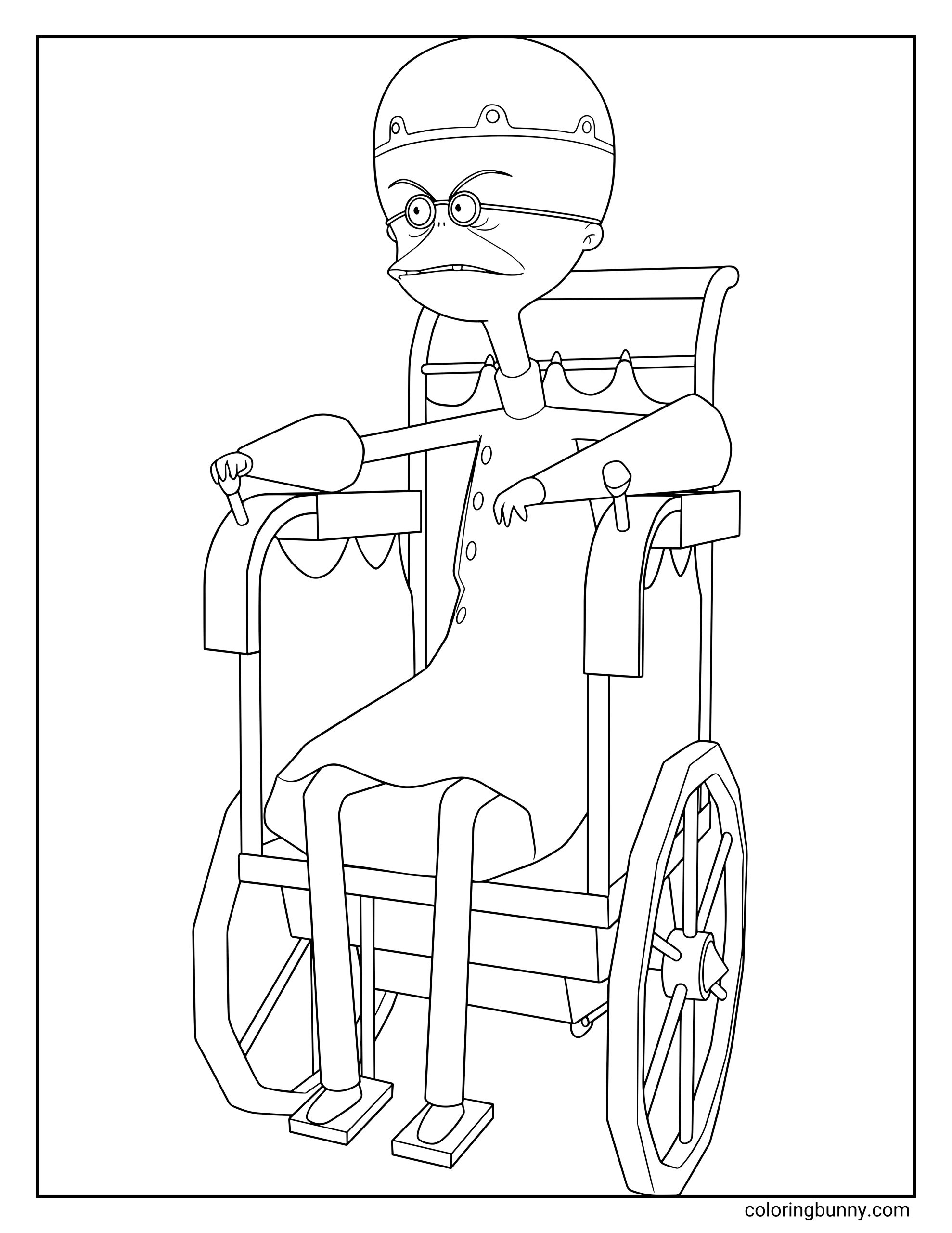 A Nightmare Before Christmas coloring page featuring Dr. Finkelstein sitting in his large mechanical wheelchair. He has a dome-shaped head with bolts, round glasses, a long coat, and his hands resting on the chair’s controls. The wheelchair has big wheels and a detailed frame.