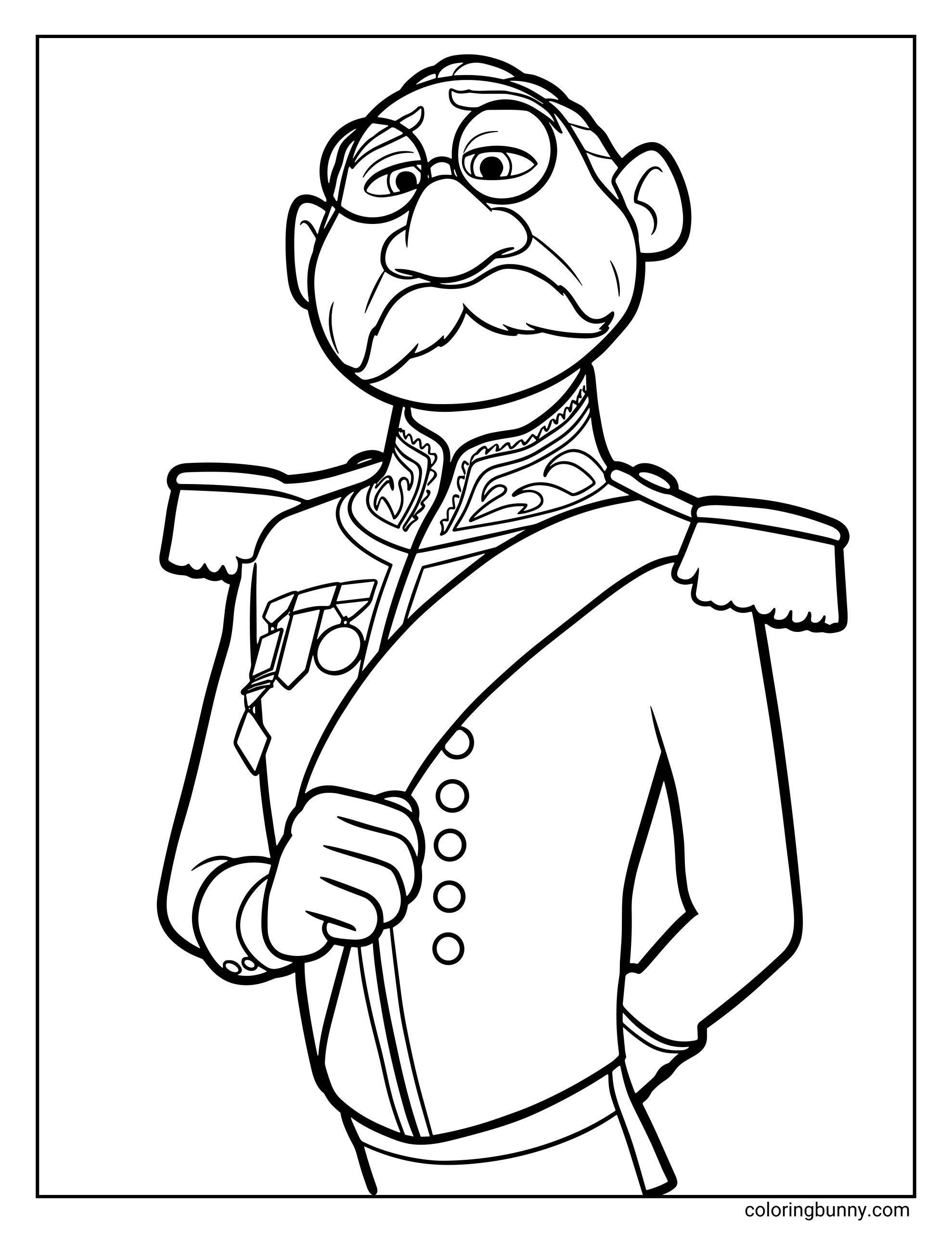 A Frozen coloring page of the Duke of Weselton standing proudly with his chest out, wearing his decorated uniform with medals and a sash. He has a serious expression, round glasses, and neatly groomed facial hair.