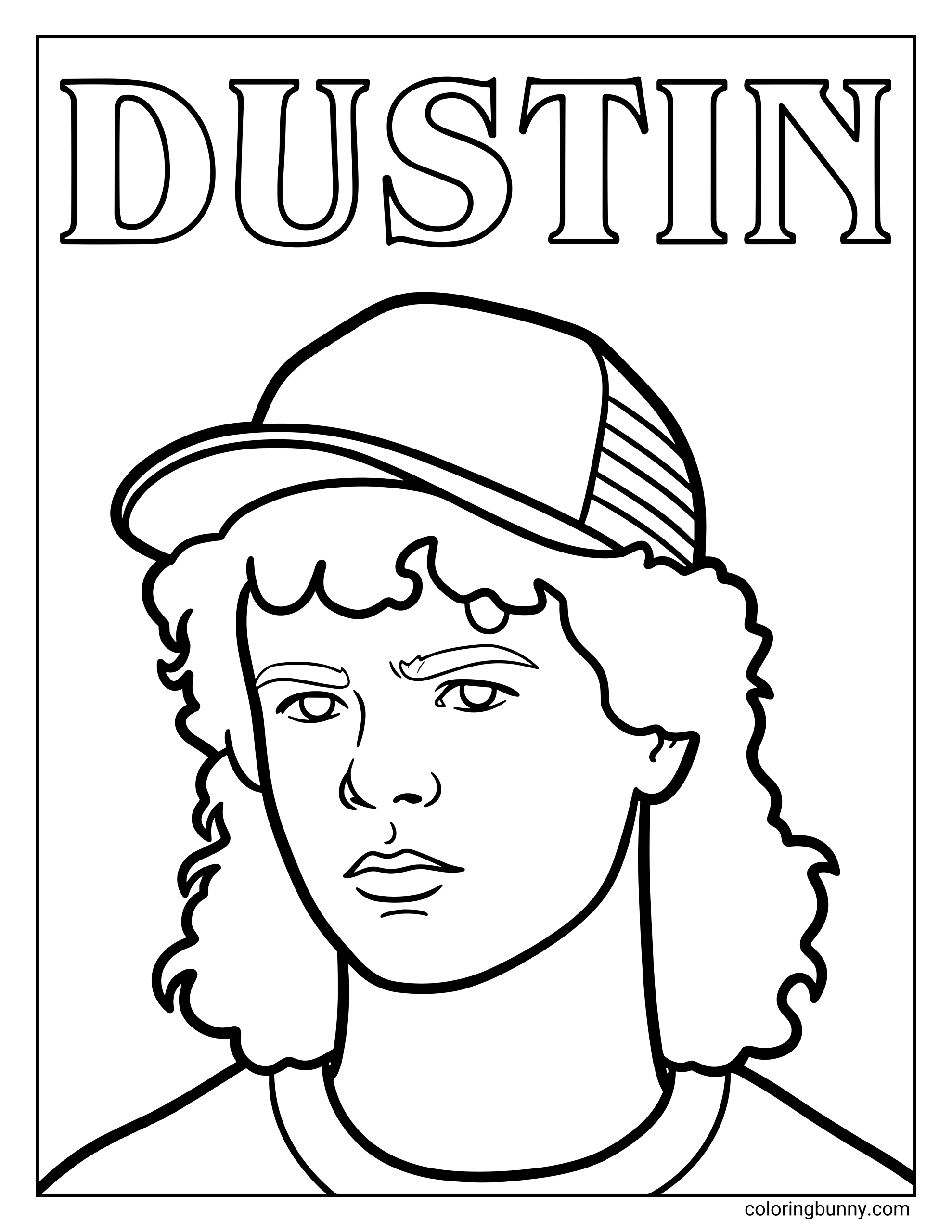 A Stranger Things coloring page of Dustin Henderson wearing his signature trucker cap and curly hair, with his name “DUSTIN” written above.