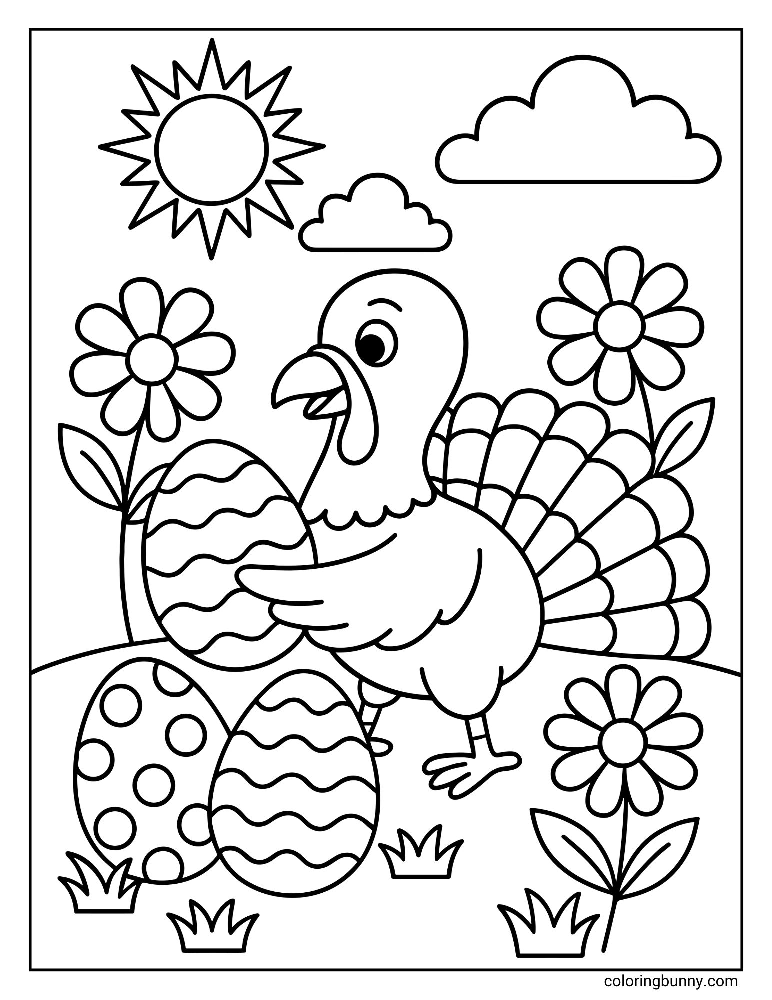 A black and white turkey Easter coloring page featuring a turkey in a spring scene. The turkey is holding a large, decorated Easter egg, with two other Easter eggs on the ground. The background includes flowers, a sun, and clouds.