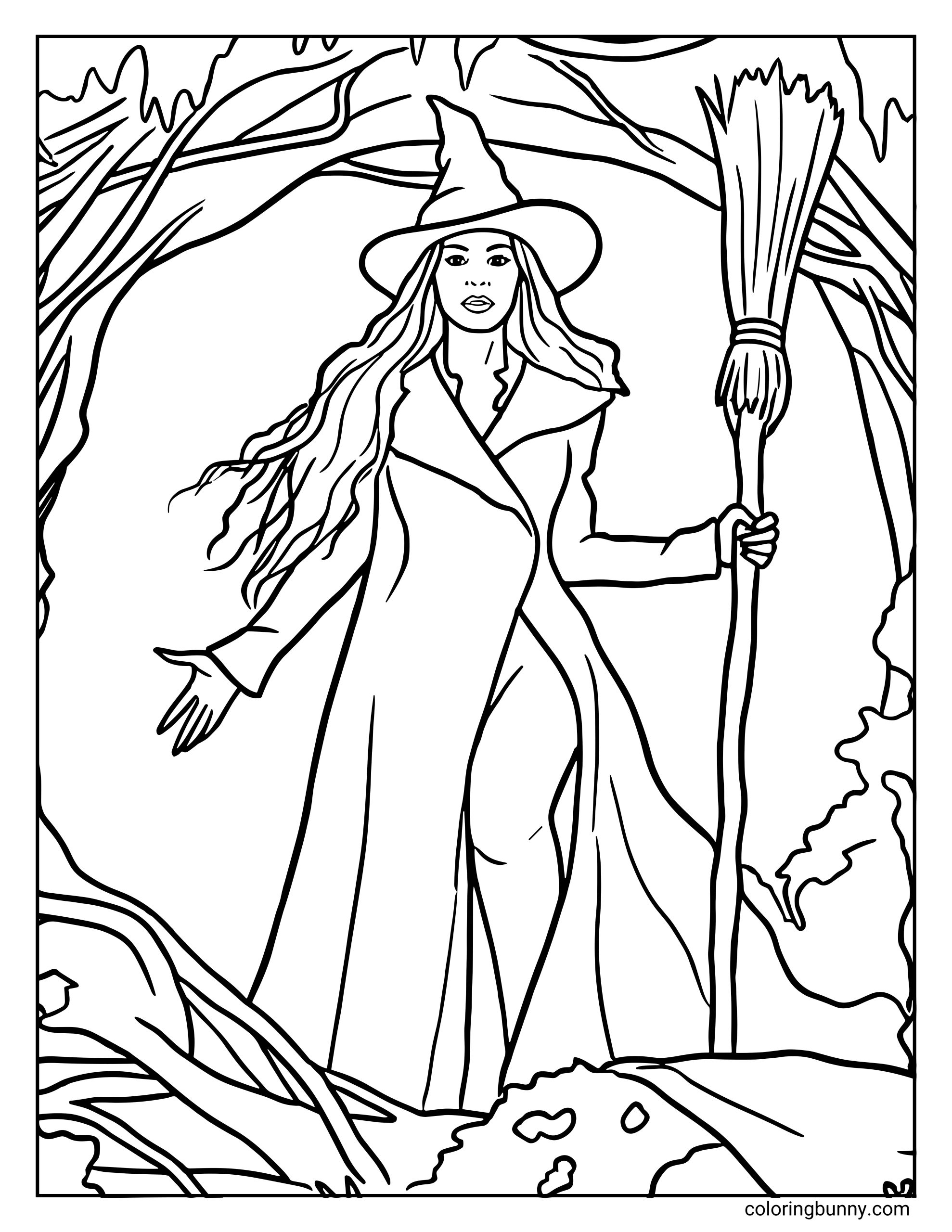 A Wicked For Good Elphaba coloring page featuring the witch standing confidently in a forest clearing. She wears a long flowing coat and a pointed hat, with her hair blowing in the wind. One hand reaches outward while the other holds a rustic broom. Twisting branches frame the scene.