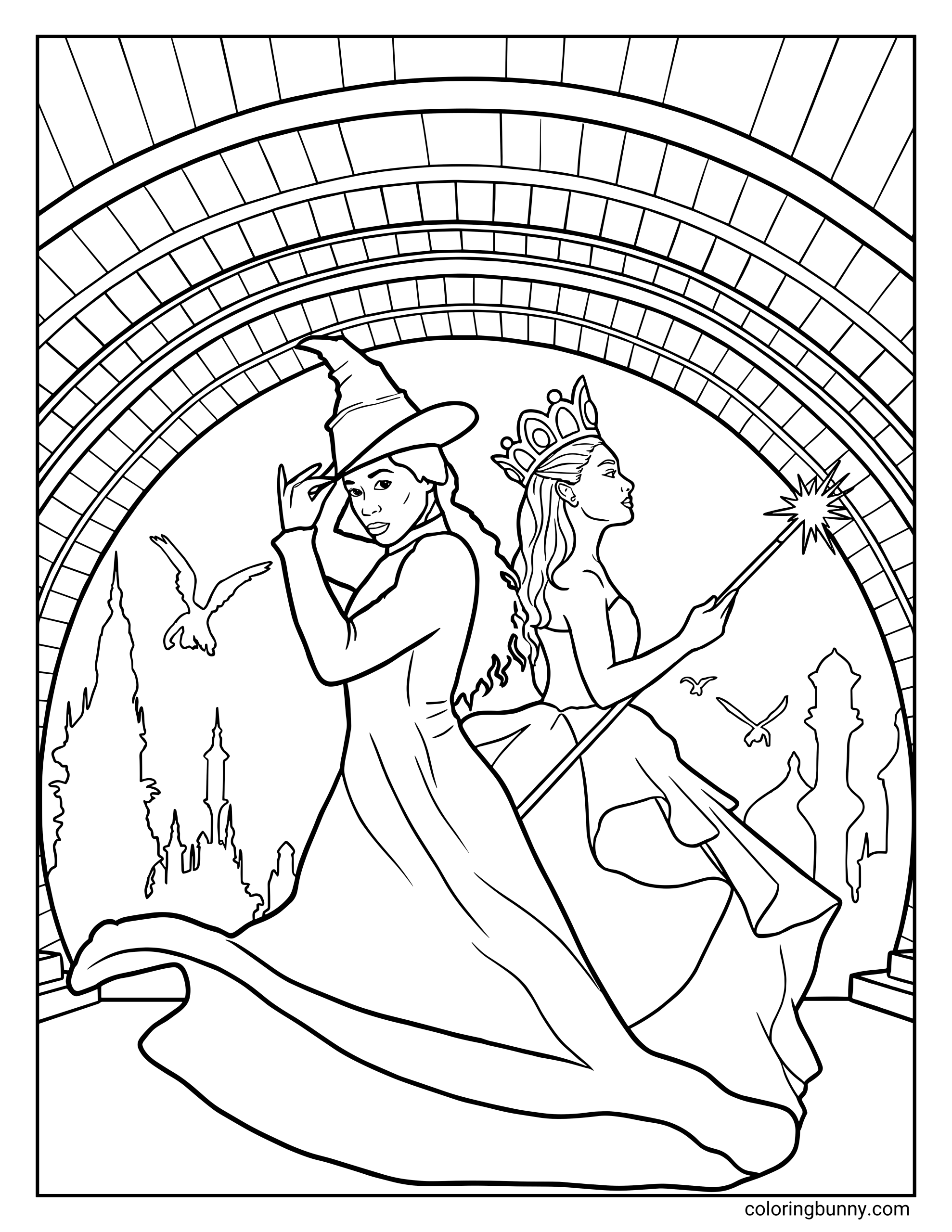 A Wicked For Good coloring page of two witches standing back-to-back beneath the grand arched entrance of Emerald City. Elphaba wears a pointed hat and flowing gown, adjusting the brim as her cape swirls. Glinda holds a glowing wand and wears an ornate crown. Silhouettes of towers, birds, and distant city shapes fill the background.