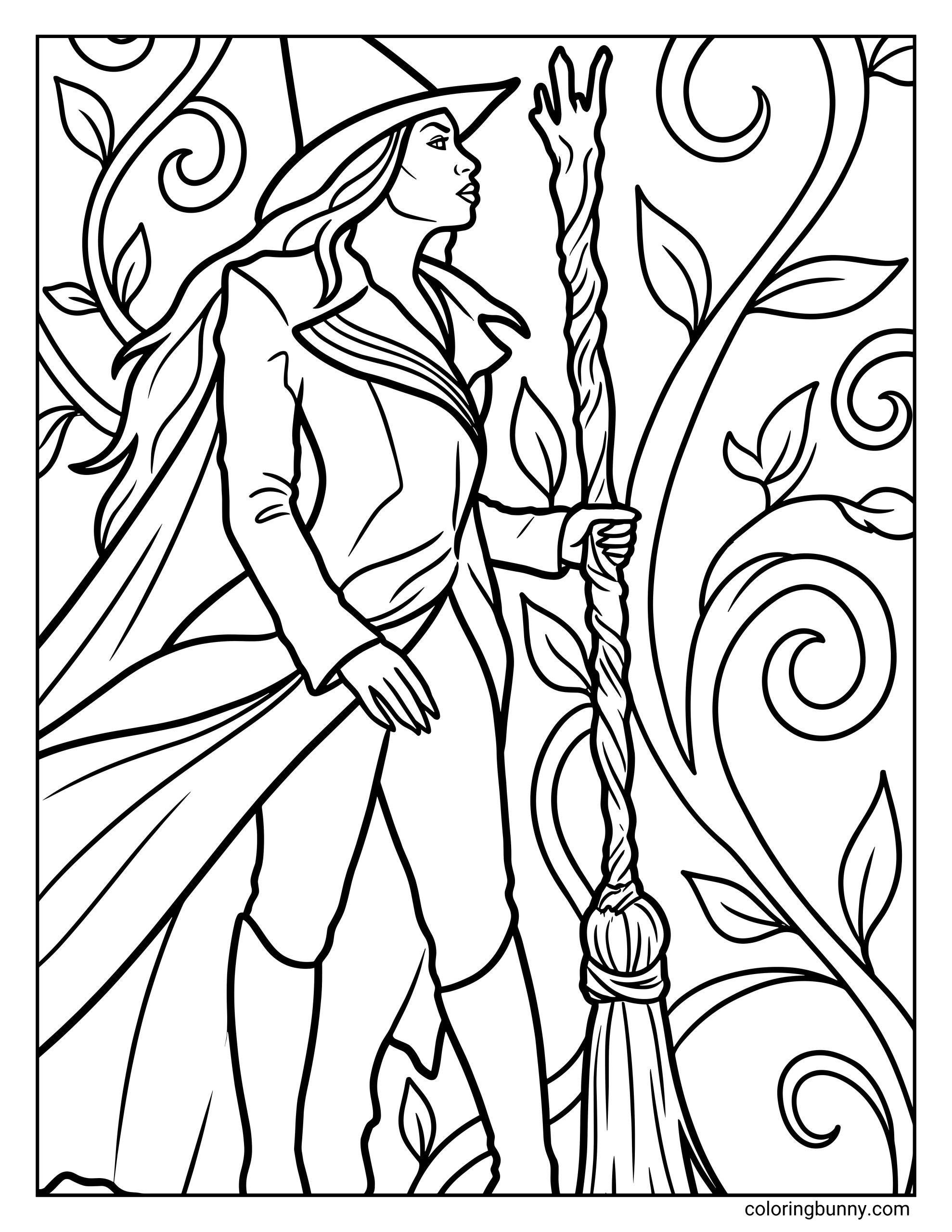 A Wicked coloring page of Elphaba standing confidently with a tall, twisted broomstick. She wears a pointed hat, long coat, flowing cape, and knee-high boots, surrounded by swirling vine designs. Her hair blows to the side as she looks off into the distance.
