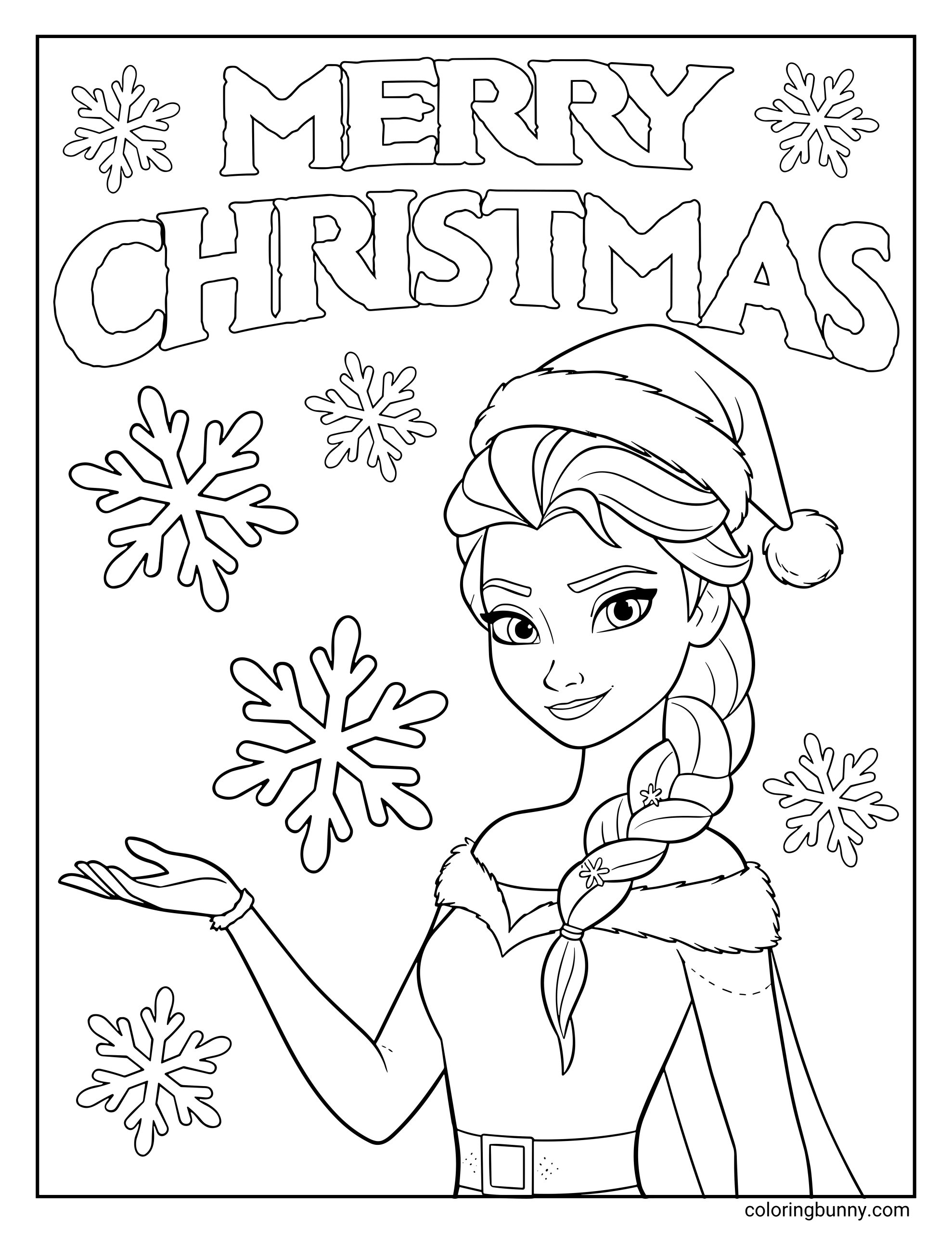 A Frozen-themed Christmas coloring page featuring Elsa wearing a Santa hat and a winter dress with fur trim. She is surrounded by large snowflakes, and the words “MERRY CHRISTMAS” appear in bold letters at the top.