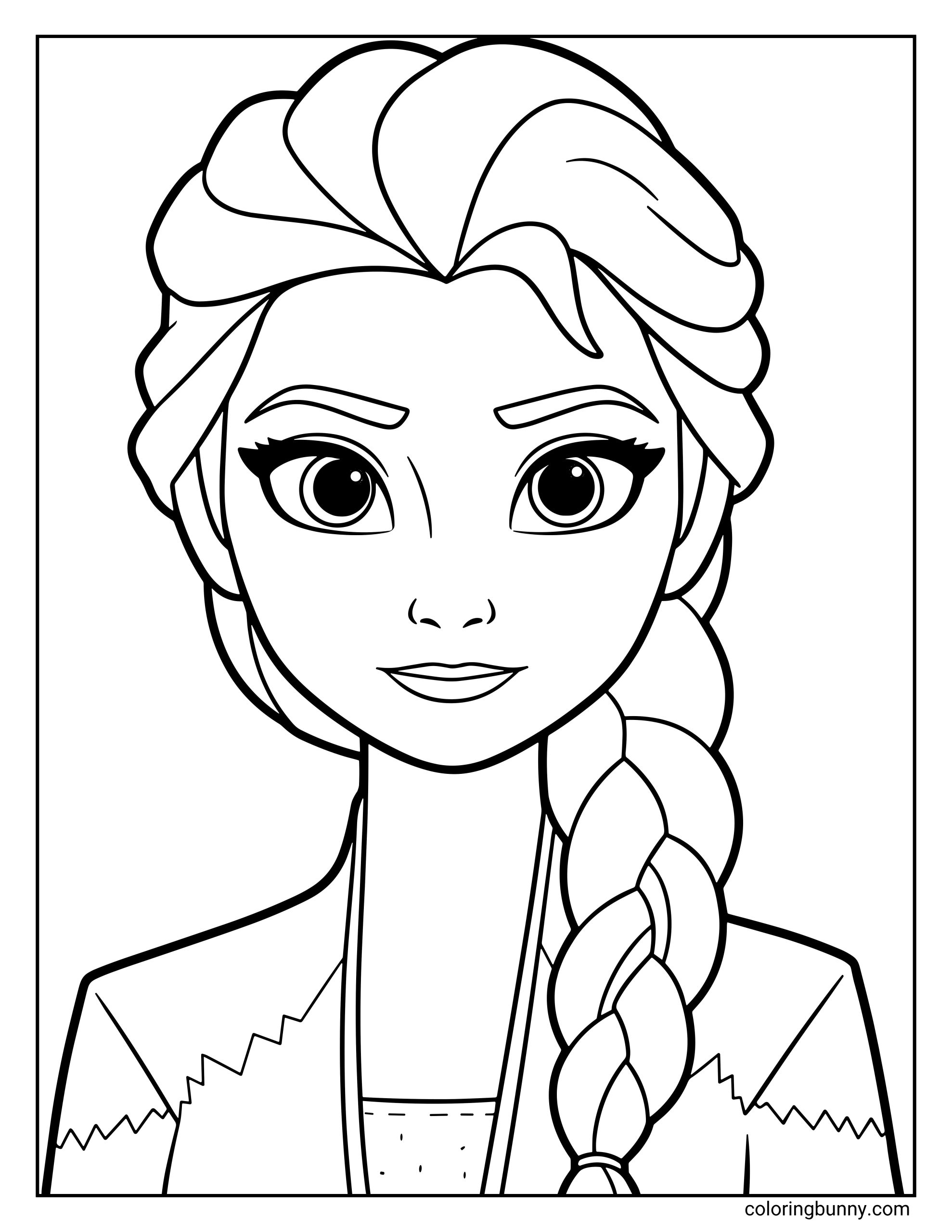 A Frozen coloring page featuring a close-up portrait of Elsa. She is shown from the shoulders up with her long braid over her shoulder, wide expressive eyes, and calm expression.