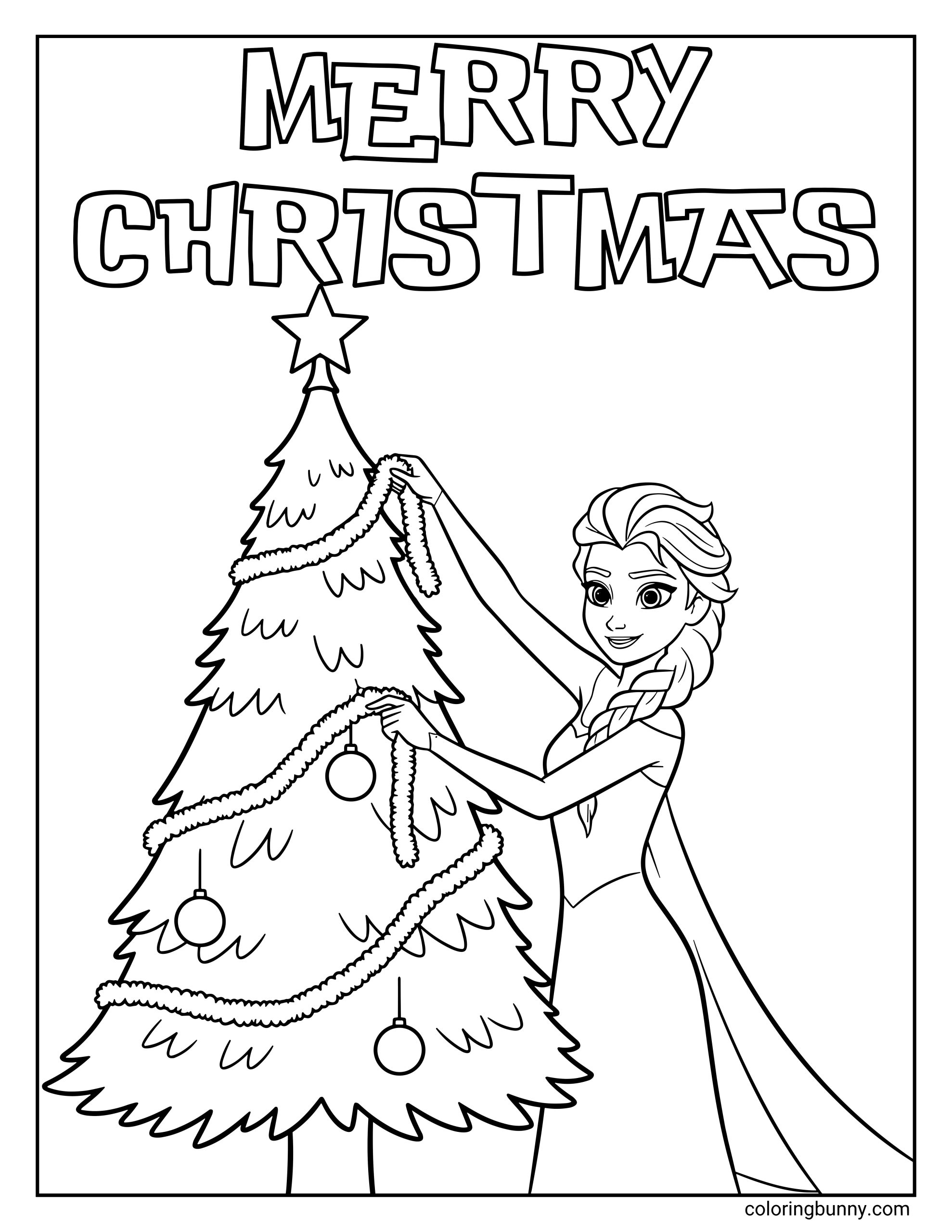 A Frozen coloring page of Elsa decorating a tall Christmas tree with ornaments and garland. The tree has a large star at the top, and the words “Merry Christmas” appear above Elsa as she reaches up to add decorations.