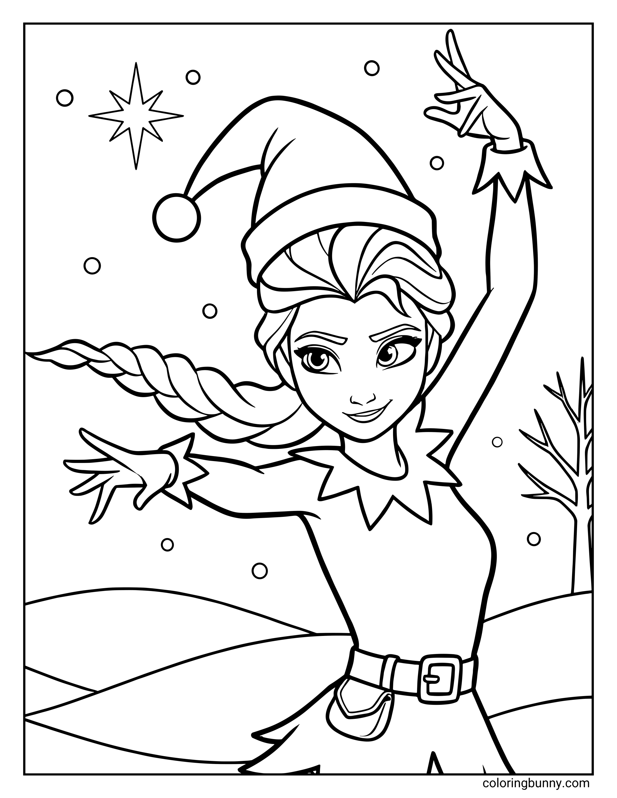A Frozen Disney Christmas coloring page of Elsa dressed in a festive elf costume with a Santa-style hat, braided hair, and pointed sleeves. She strikes a playful pose in a snowy outdoor scene with stars, snowflakes, and rolling winter hills behind her.