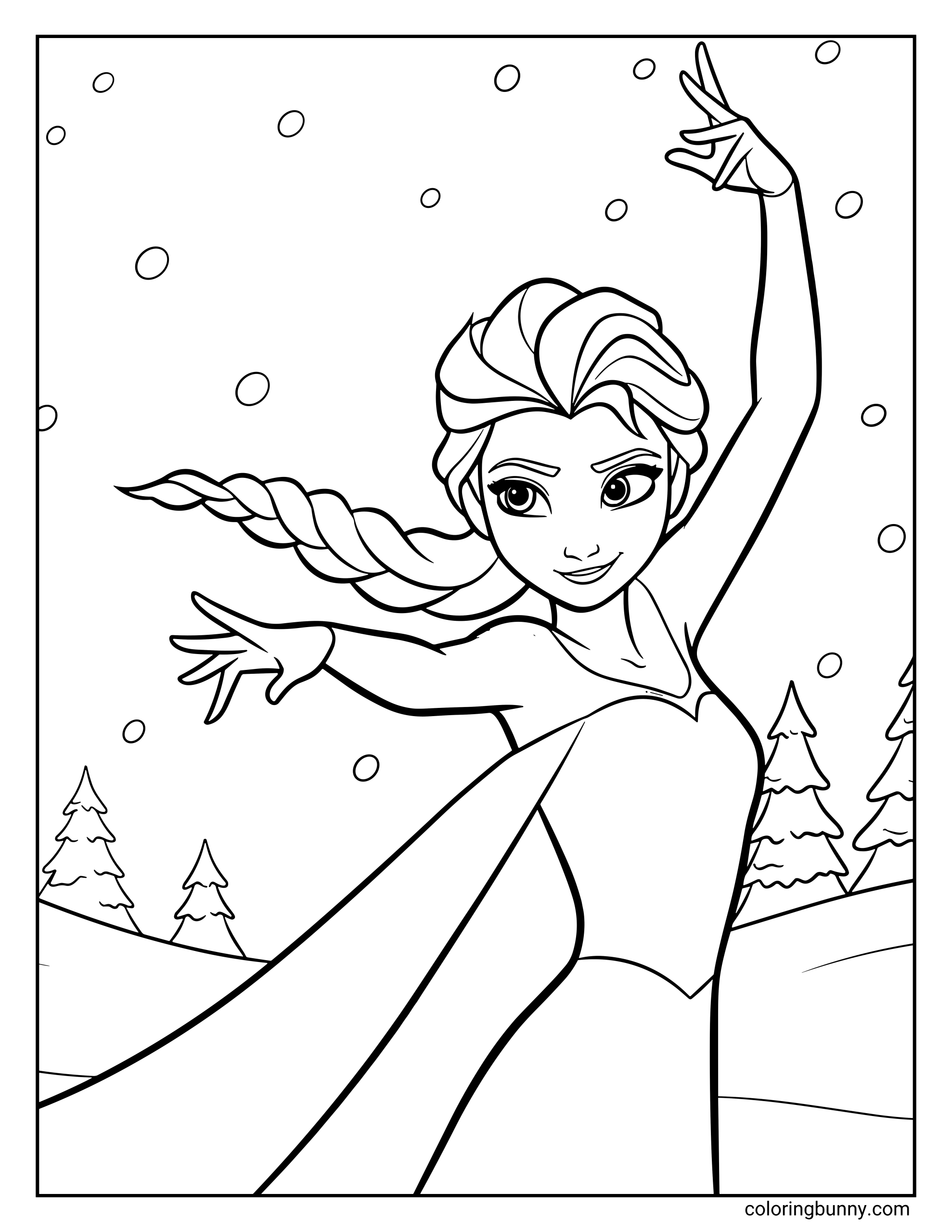 A Frozen coloring page featuring Elsa striking a graceful pose with one arm raised and her braid flowing behind her. She stands in a snowy landscape with falling snowflakes and pine trees in the background.