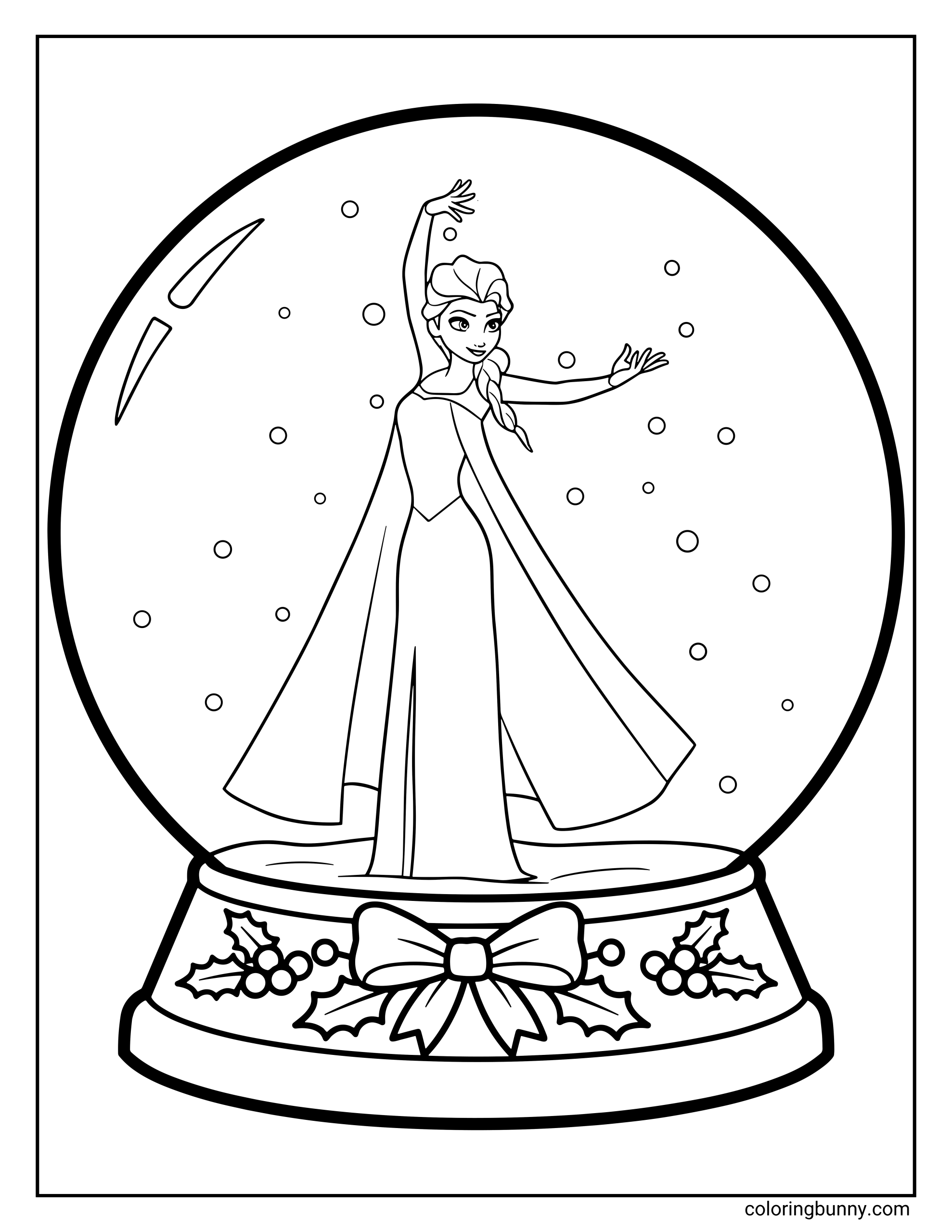 A Frozen coloring page of Elsa standing gracefully inside a large snow globe, surrounded by swirling snowflakes. The globe sits on a decorated base with holly leaves, berries, and a big ribbon bow.