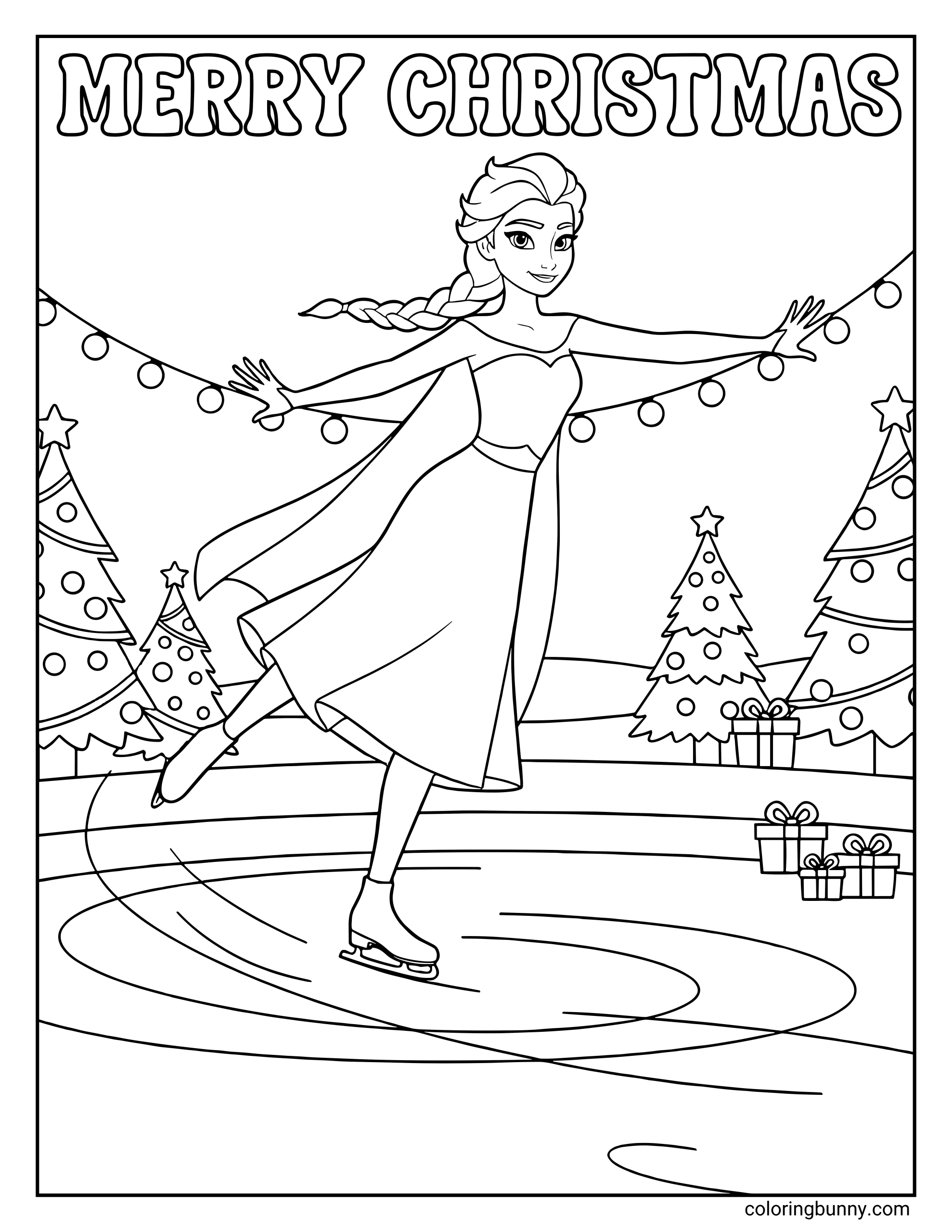 A Frozen Disney Christmas coloring page of an ice-skating Anna gliding gracefully across a frozen rink. She wears a flowing winter dress, festive trees and presents sit in the background, and string lights frame the scene beneath the “Merry Christmas” heading.
