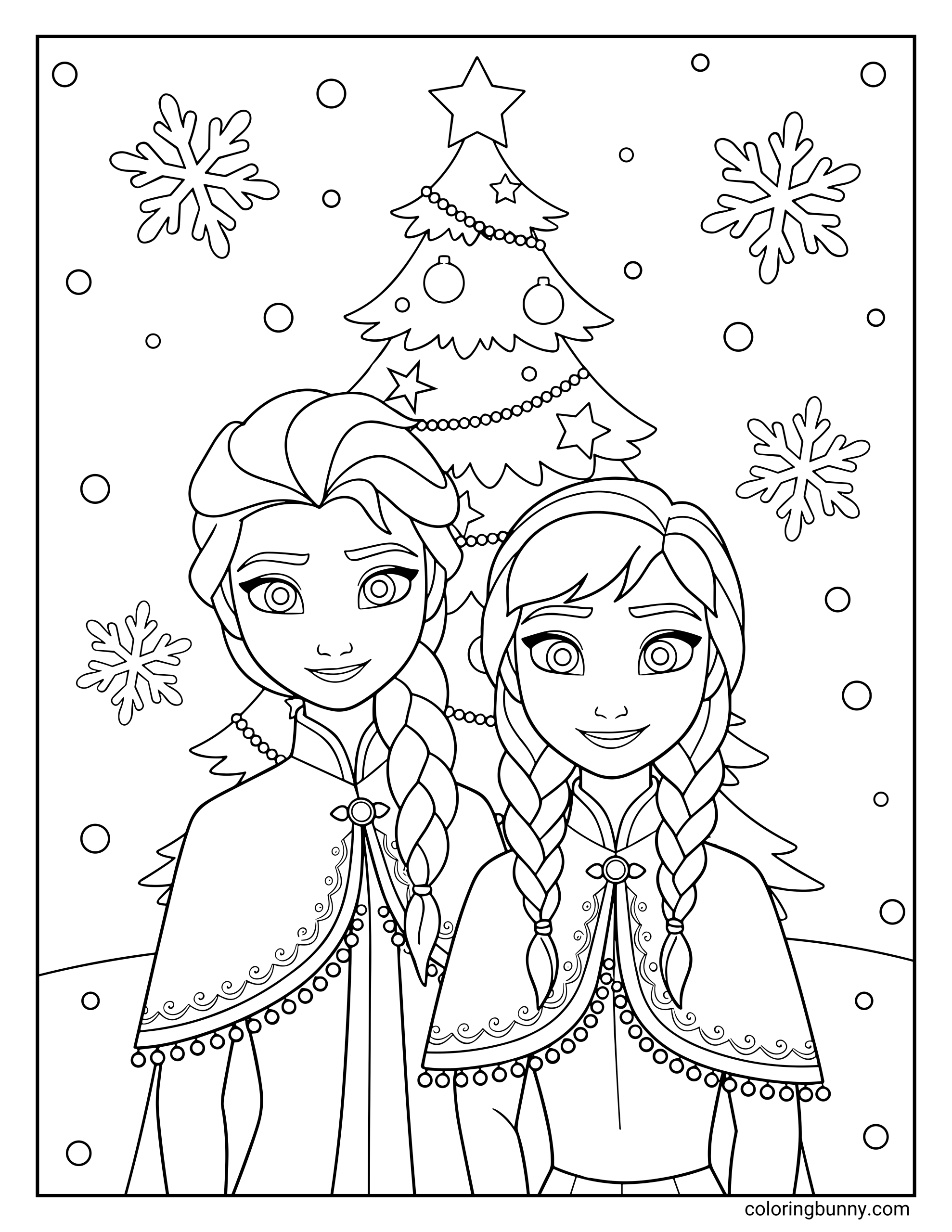 A Frozen Disney Christmas coloring page of Elsa and Anna standing together in front of a decorated Christmas tree. They wear winter capes with detailed trim, snowflakes fall around them, and the background is filled with festive ornaments and swirling snow.