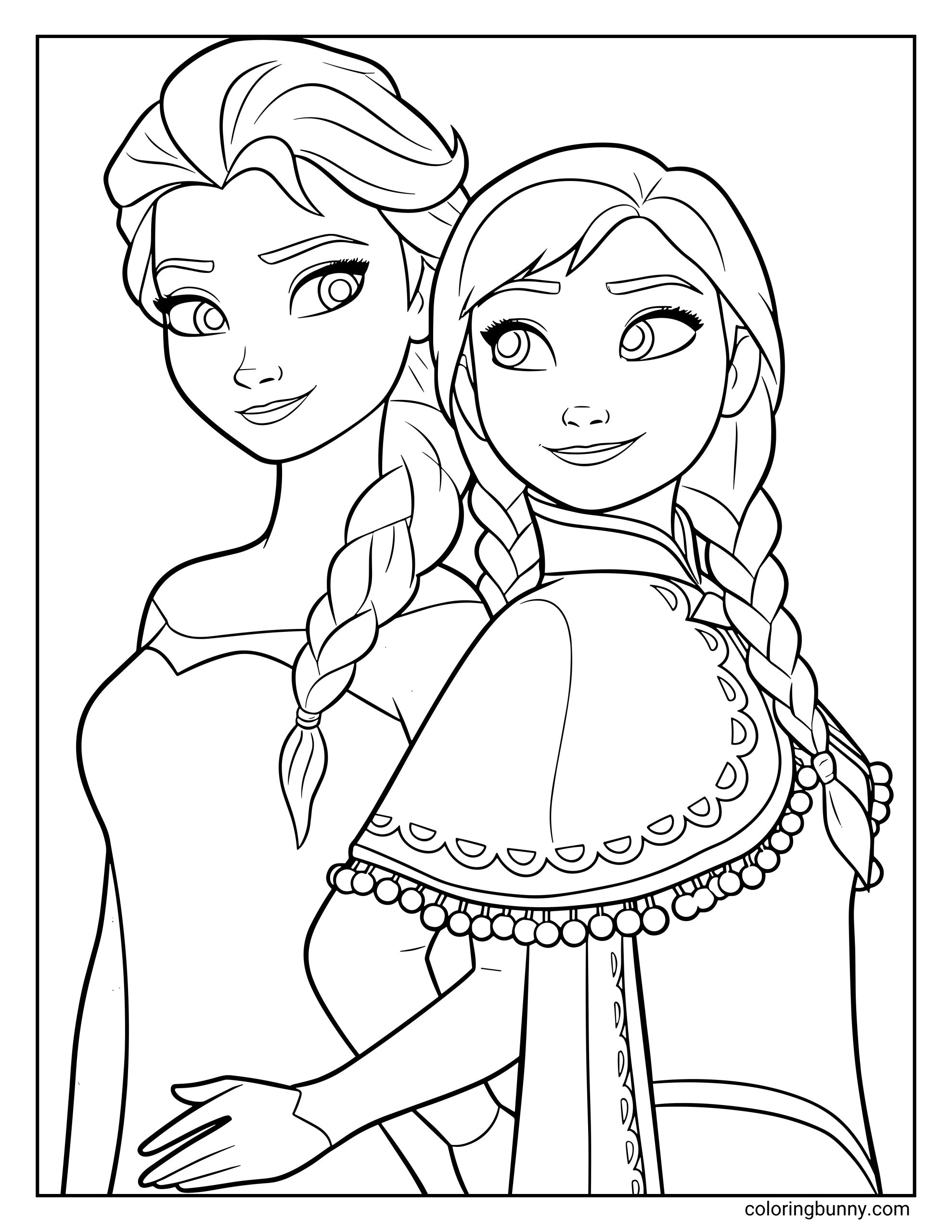 A Frozen coloring page featuring Elsa and Anna standing back-to-back, both smiling softly with their braided hair draped over their shoulders. Elsa wears her elegant off-the-shoulder gown while Anna is dressed in her detailed cape, creating a warm sisterly moment ready to color.