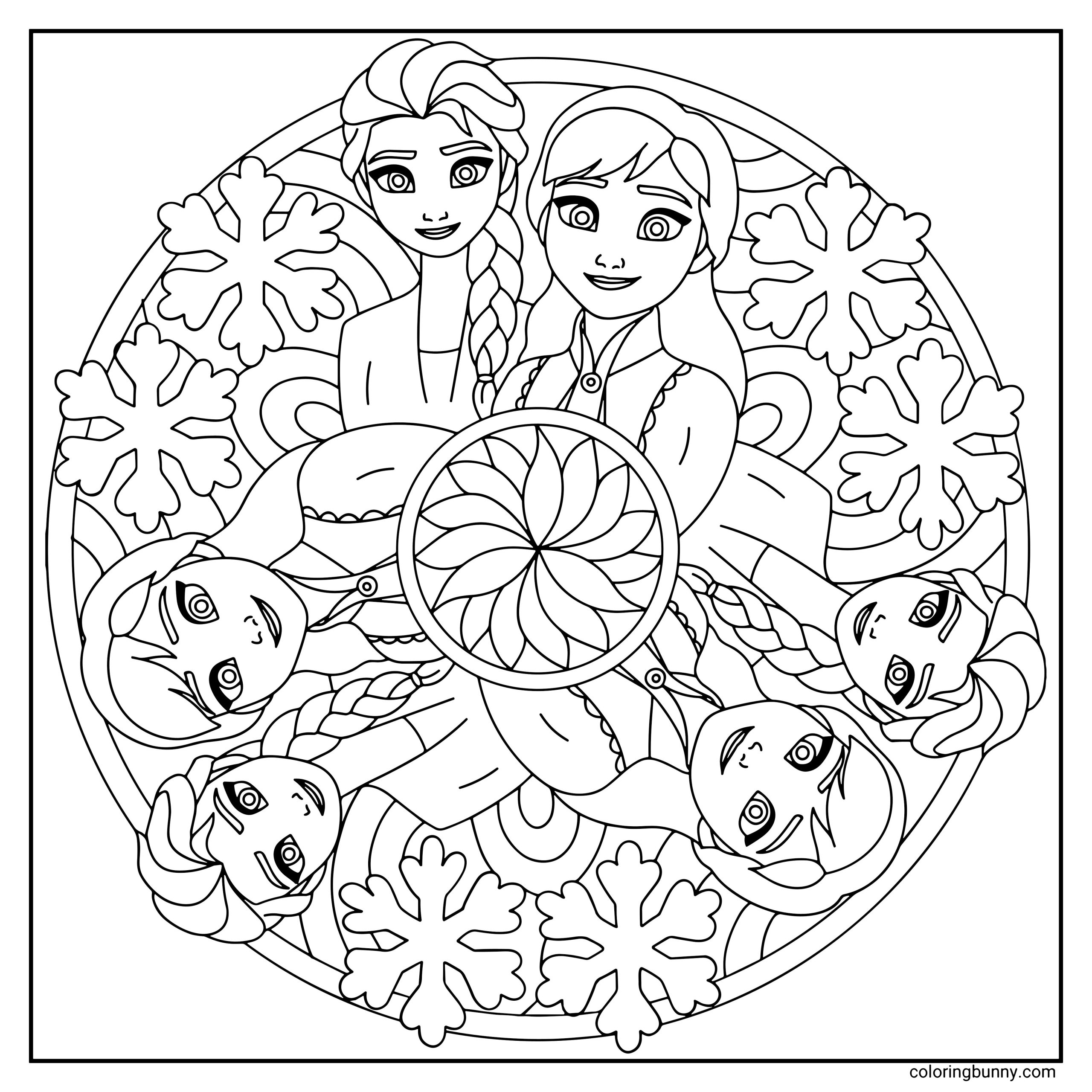 A Frozen mandala coloring page featuring Elsa and Anna arranged in a circular pattern around the center. Large snowflakes fill the spaces between them, all enclosed within a decorative circular border.