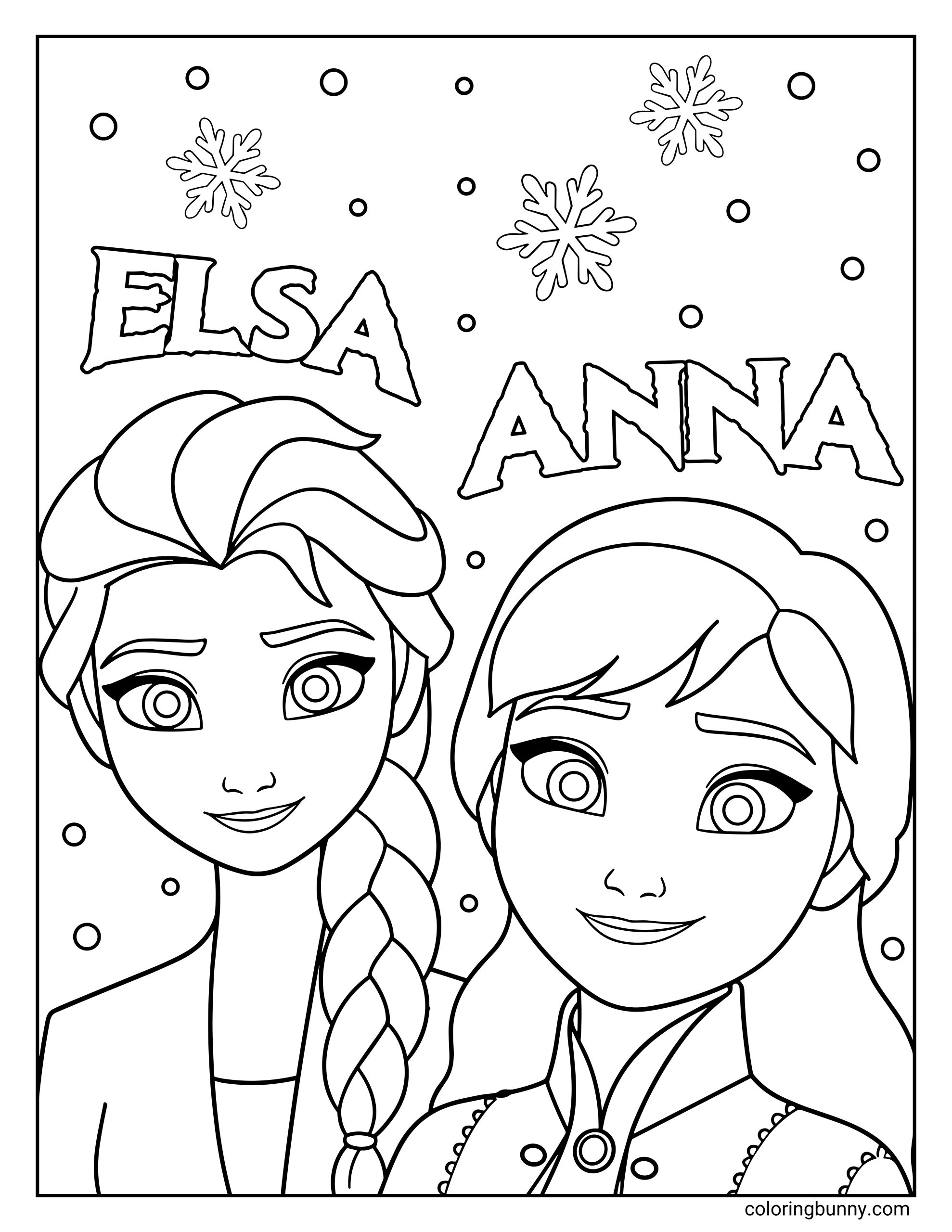A Frozen coloring page featuring Elsa and Anna standing together, smiling warmly. Their names appear above them in bold, snowy lettering, and snowflakes and small circles decorate the background.