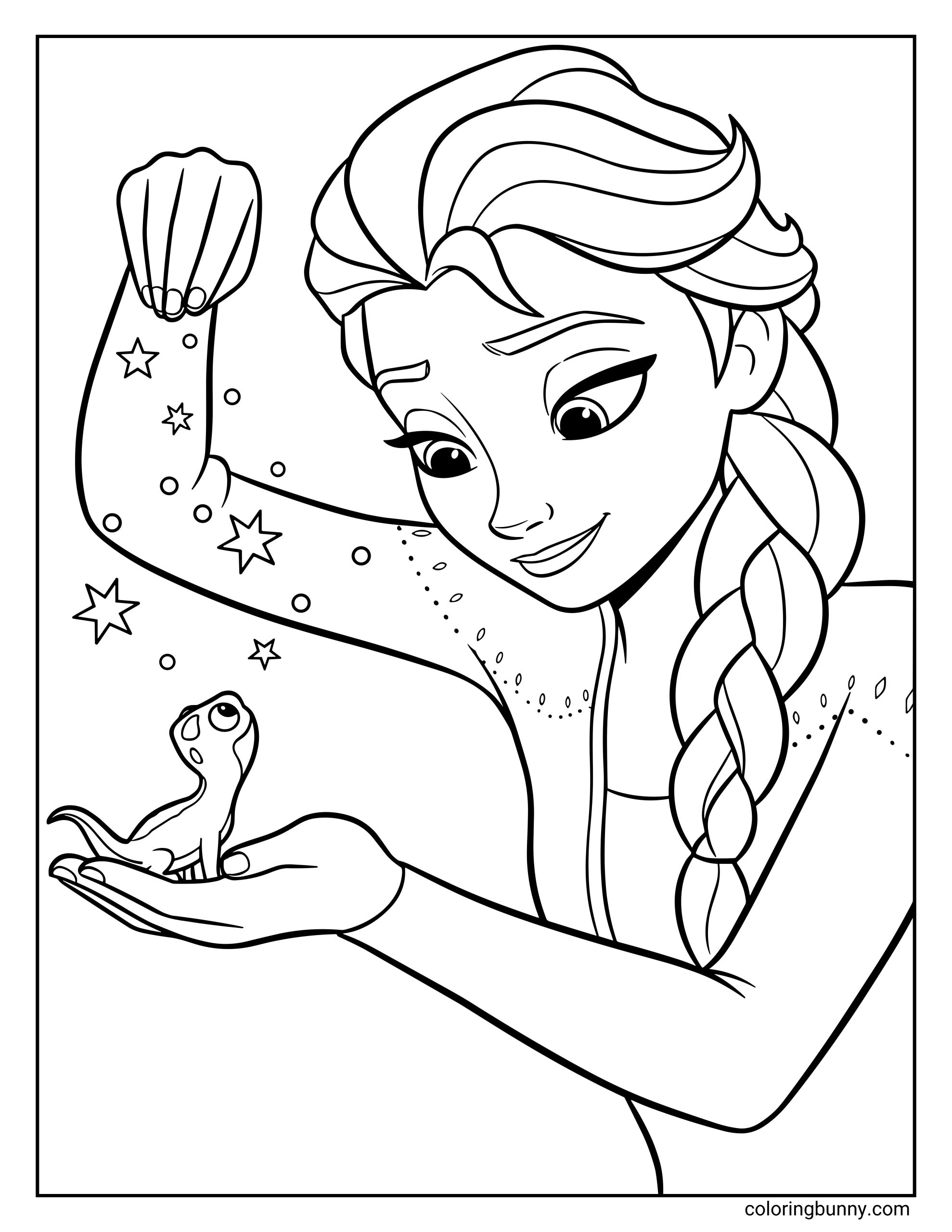 A Frozen coloring page of Elsa smiling gently while holding the little fire spirit Bruni in her hands. Sparkles and tiny stars swirl around her arm as she looks down at him with warmth and curiosity.