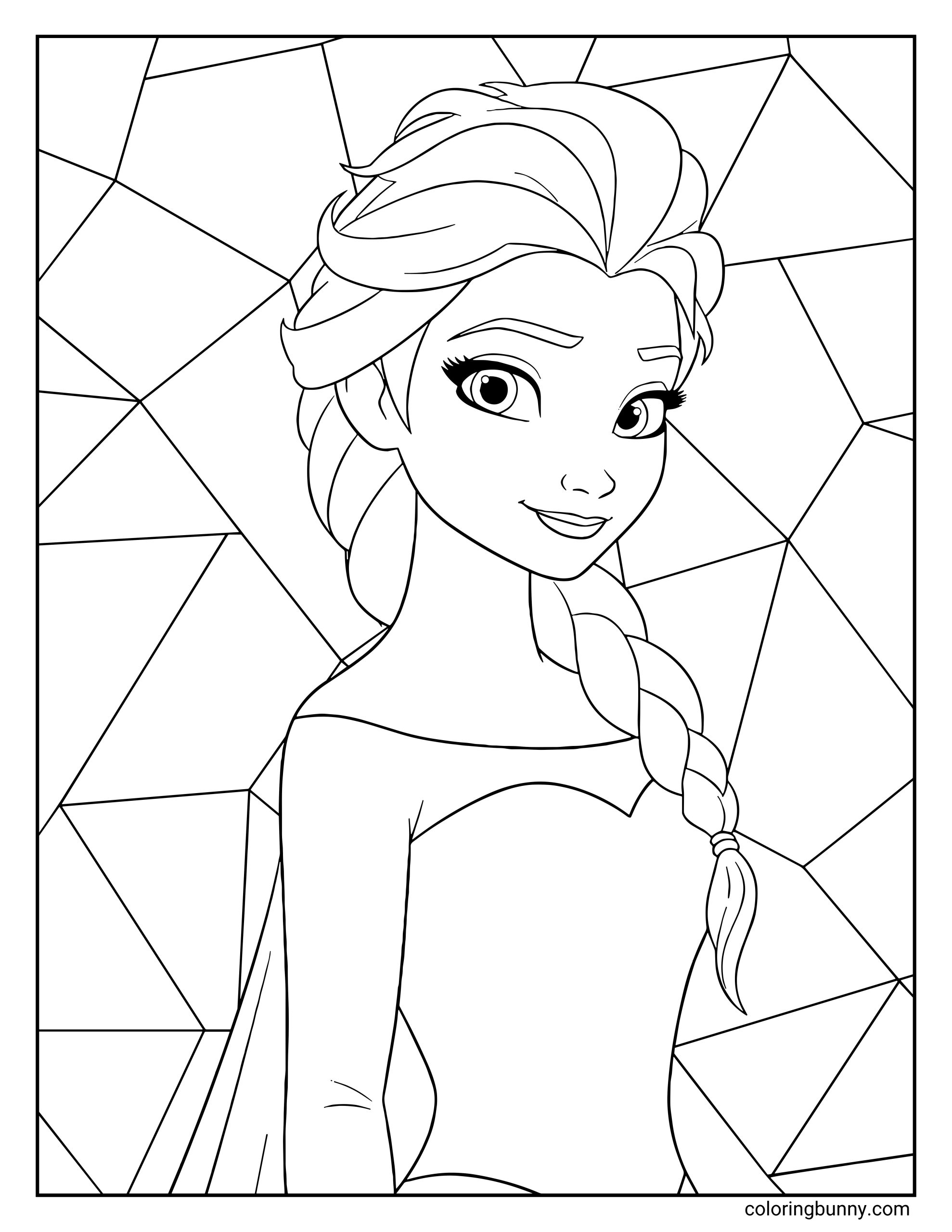 A Frozen coloring page of Elsa standing confidently with a gentle smile, her braid draped over her shoulder. Behind her is a geometric, ice-crystal–style background made of sharp, angular shapes that resemble frozen fractals.