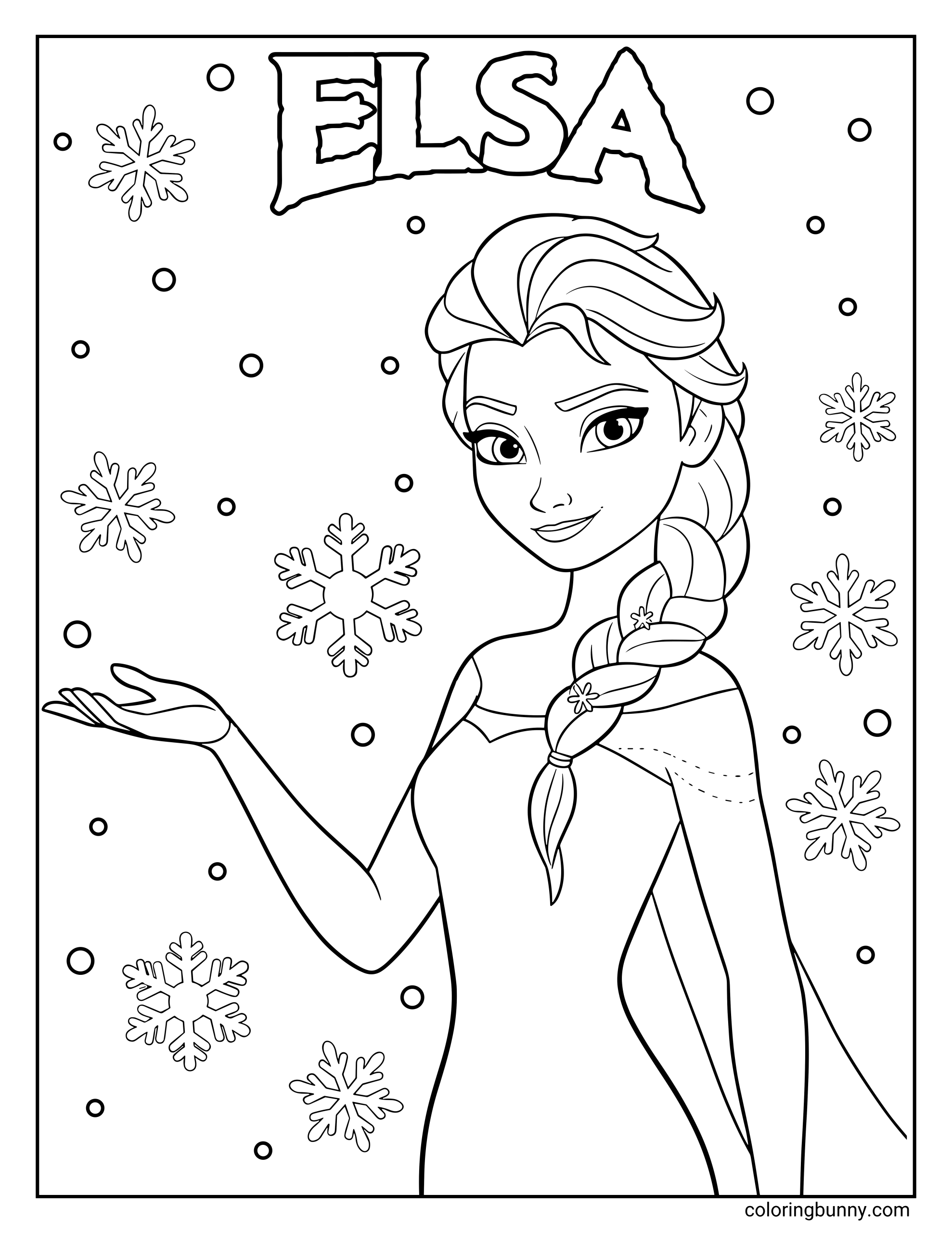 A Frozen coloring page featuring Elsa standing with her arm extended, surrounded by snowflakes and small circles that resemble falling snow. Her name “ELSA” is written in bold letters at the top, and she appears in her signature braid and dress.