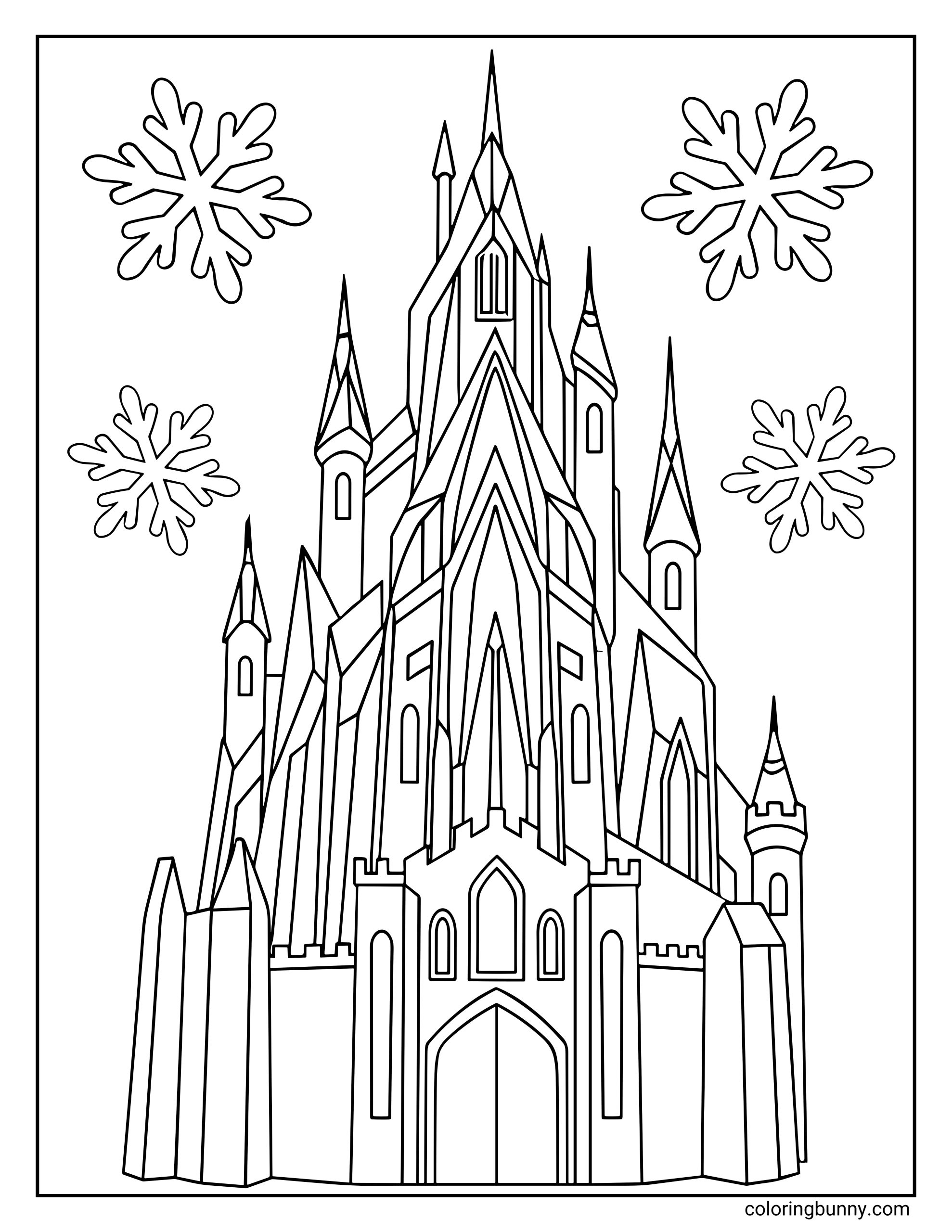 A Frozen coloring page of Elsa’s towering ice castle, drawn with tall spires, sharp icy angles, and decorative windows. Large snowflakes float in the background, framing the castle in a wintry scene.